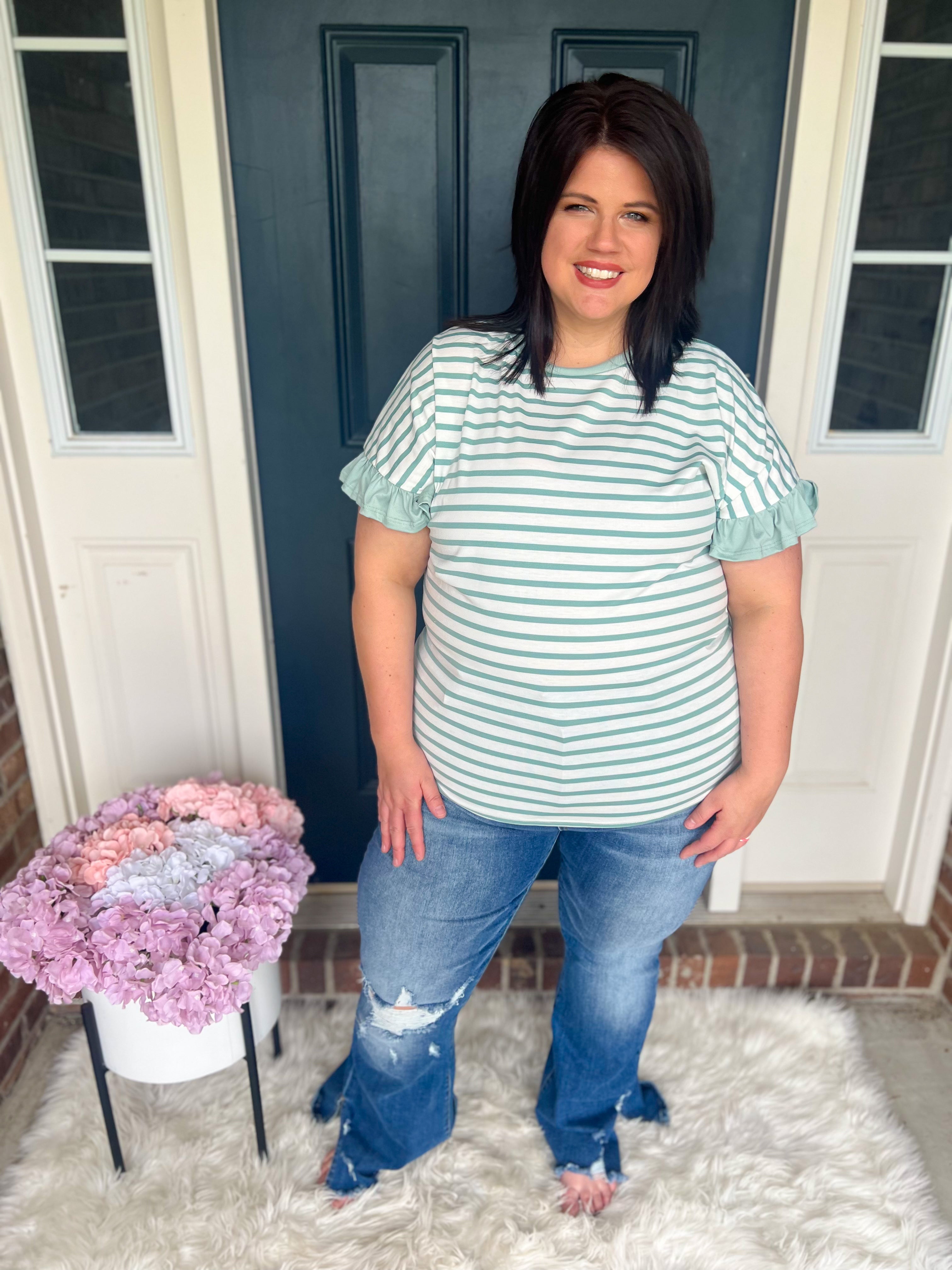 Aubrey Striped Ruffle Sleeve Top - Mint