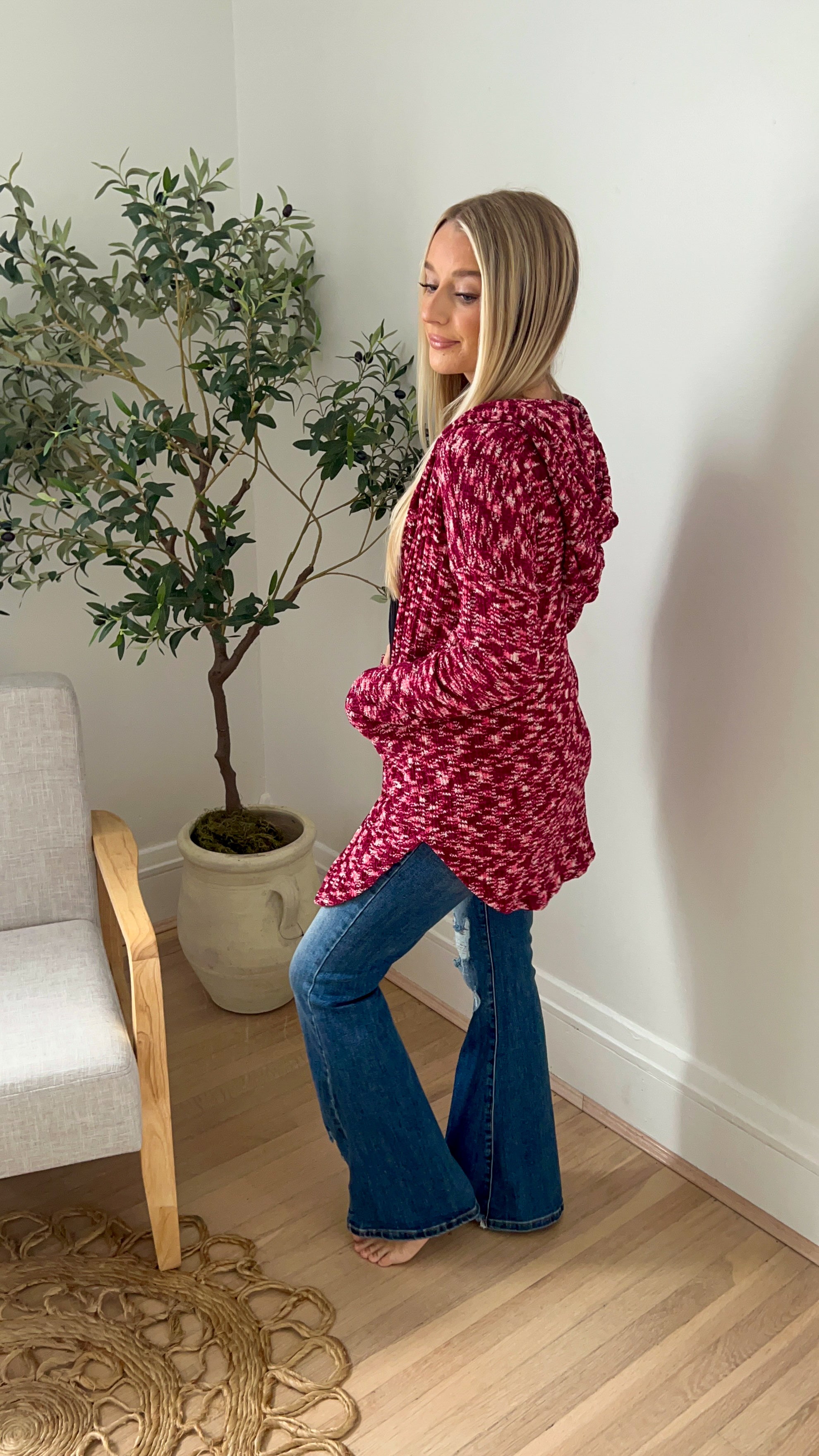 Cozy Hooded Open Front Cardigan - Burgundy