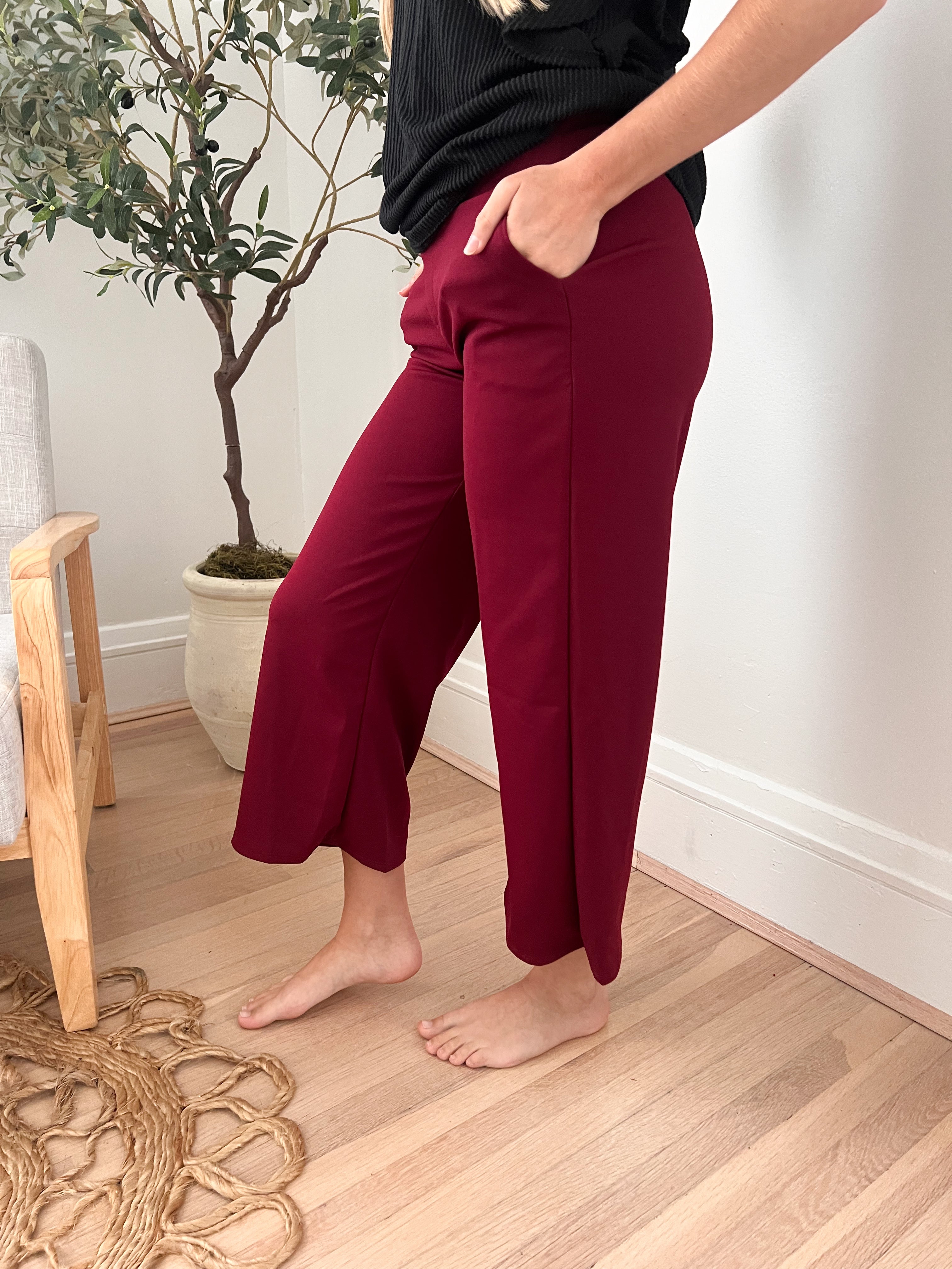 Lucy Wide Leg Stretchy Crop Pants - Burgundy