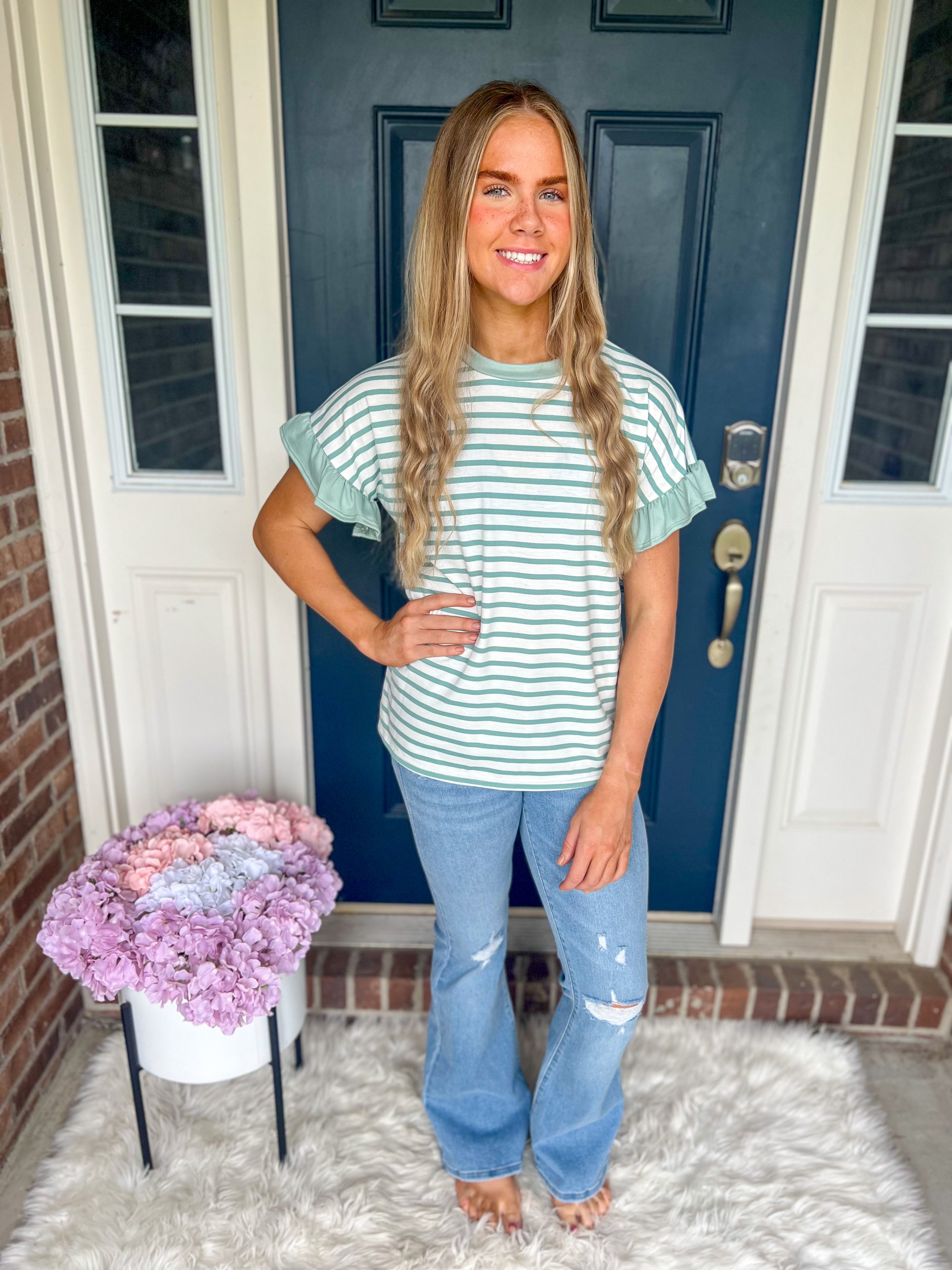 Aubrey Striped Ruffle Sleeve Top - Mint