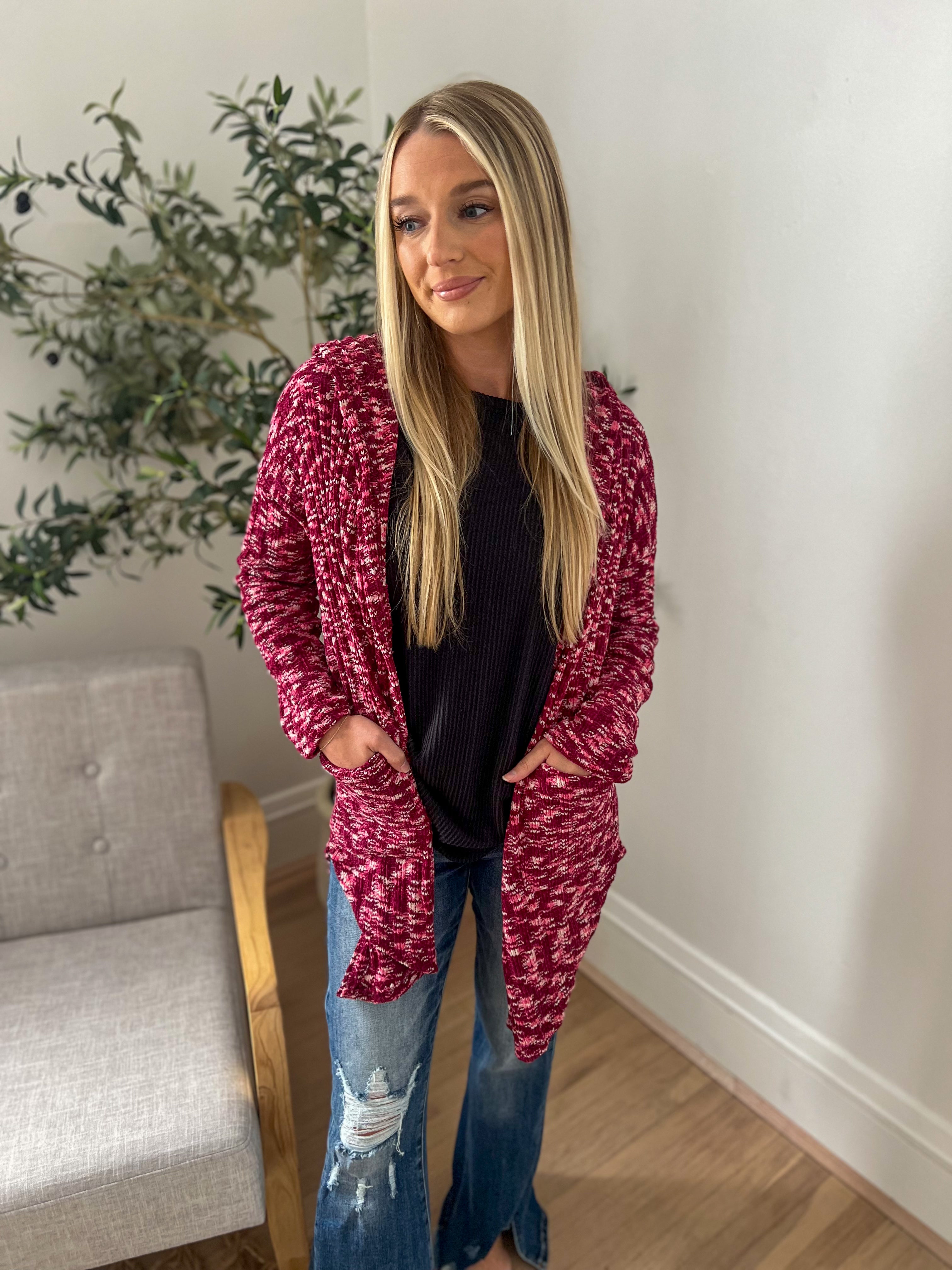 Cozy Hooded Open Front Cardigan - Burgundy