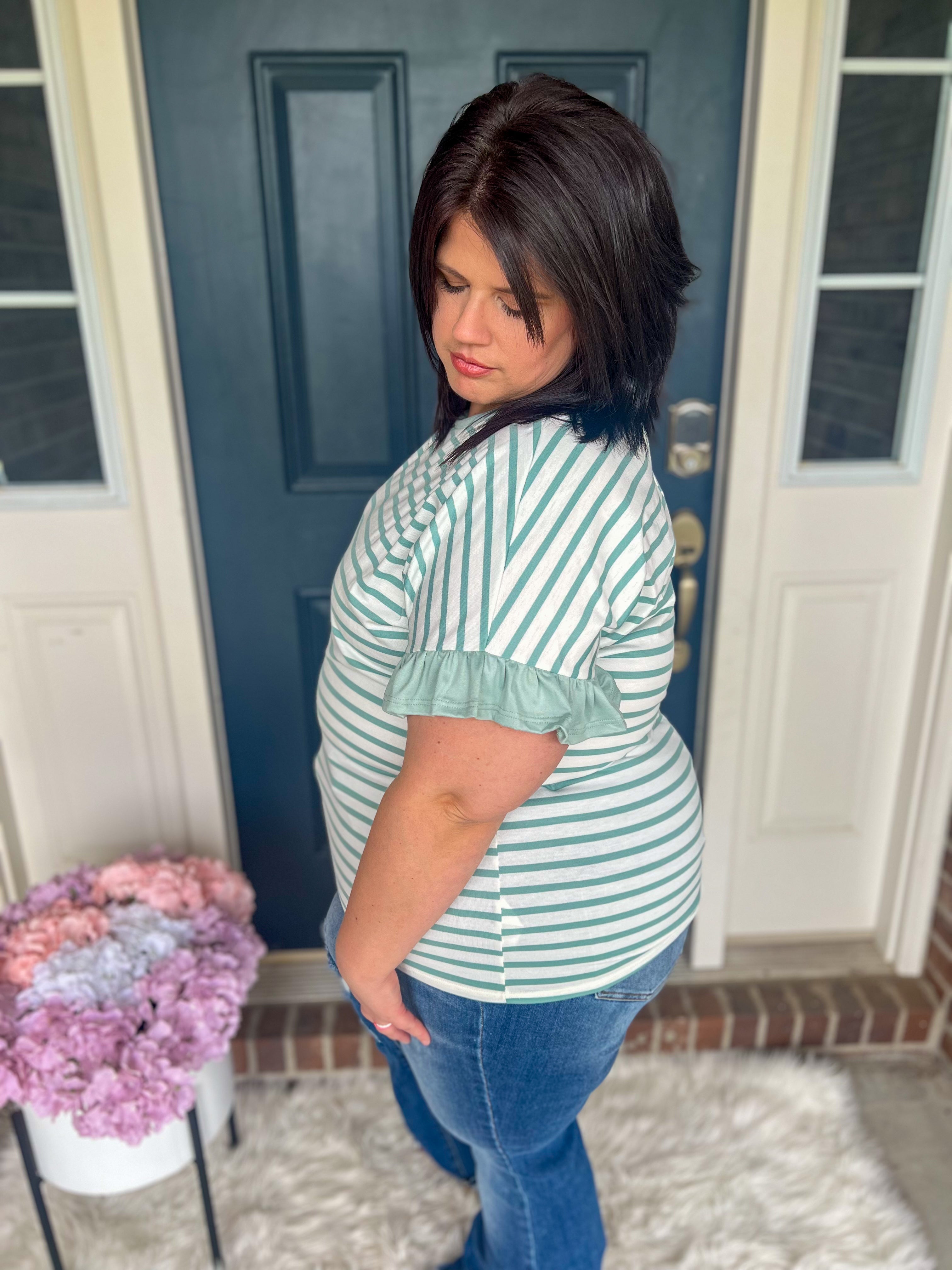 Aubrey Striped Ruffle Sleeve Top - Mint