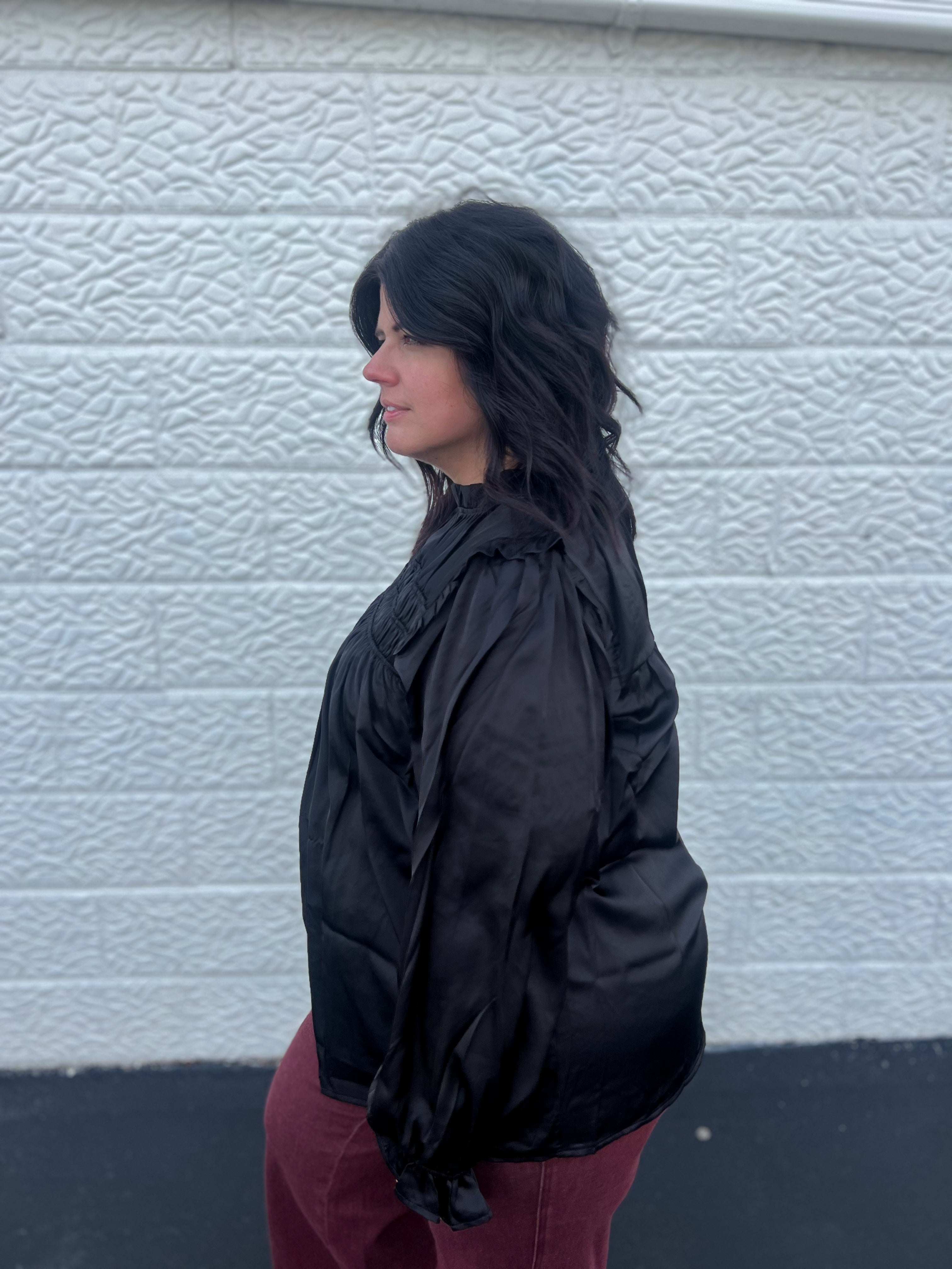 Black Mock Neck Satin Long Sleeve Blouse