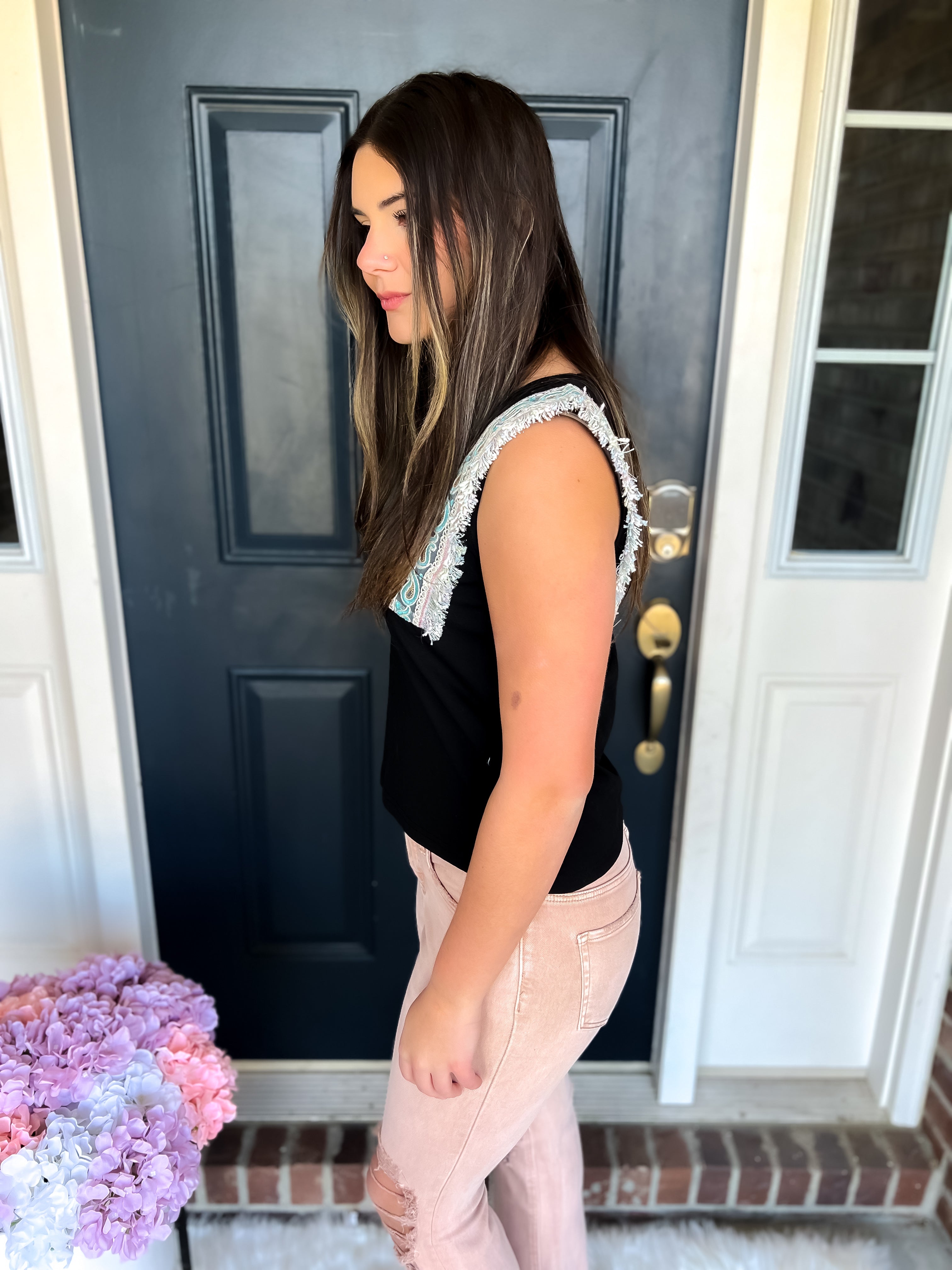 Shay Black Fringed Sleeveless Top