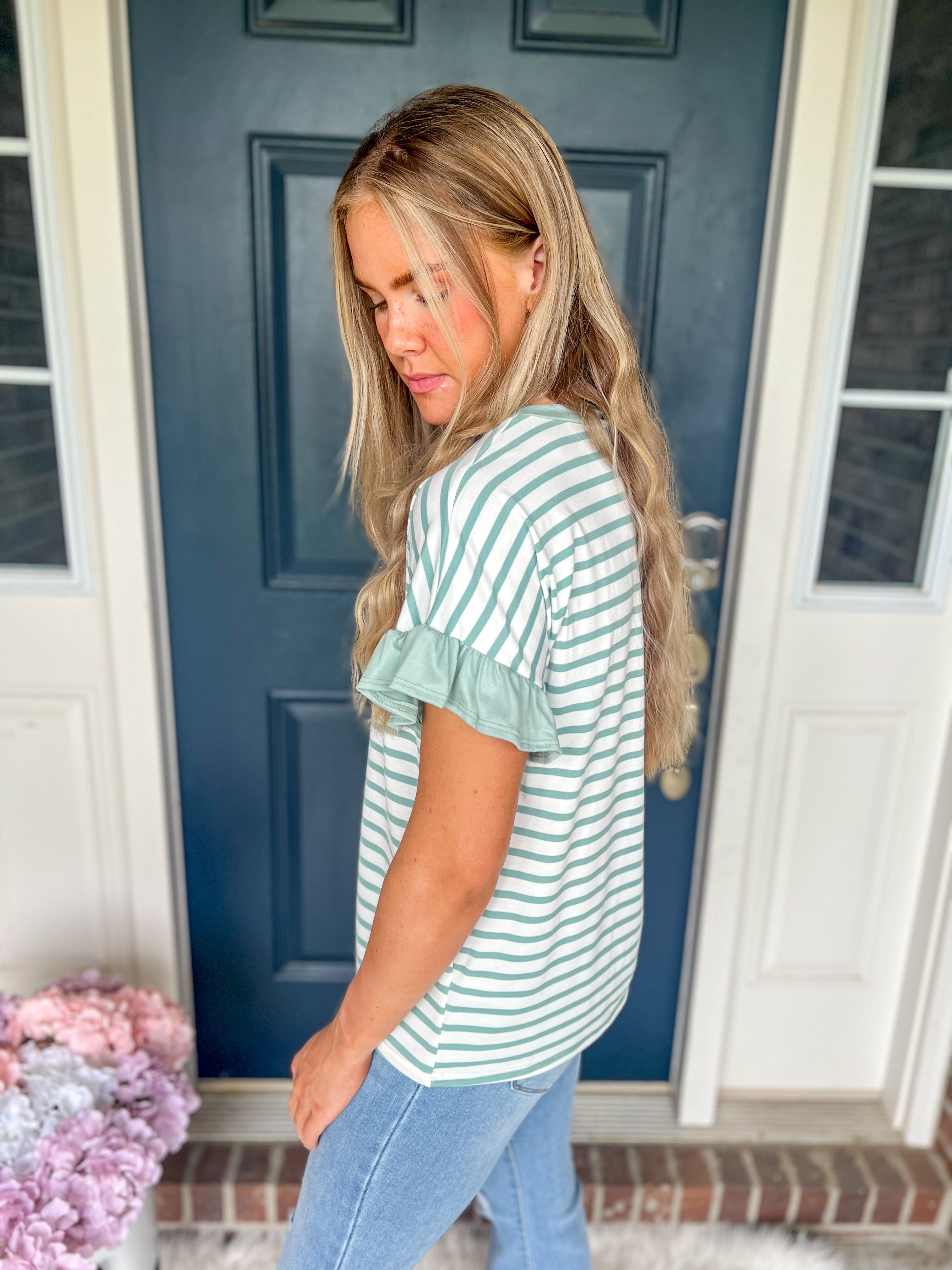 Aubrey Striped Ruffle Sleeve Top - Mint