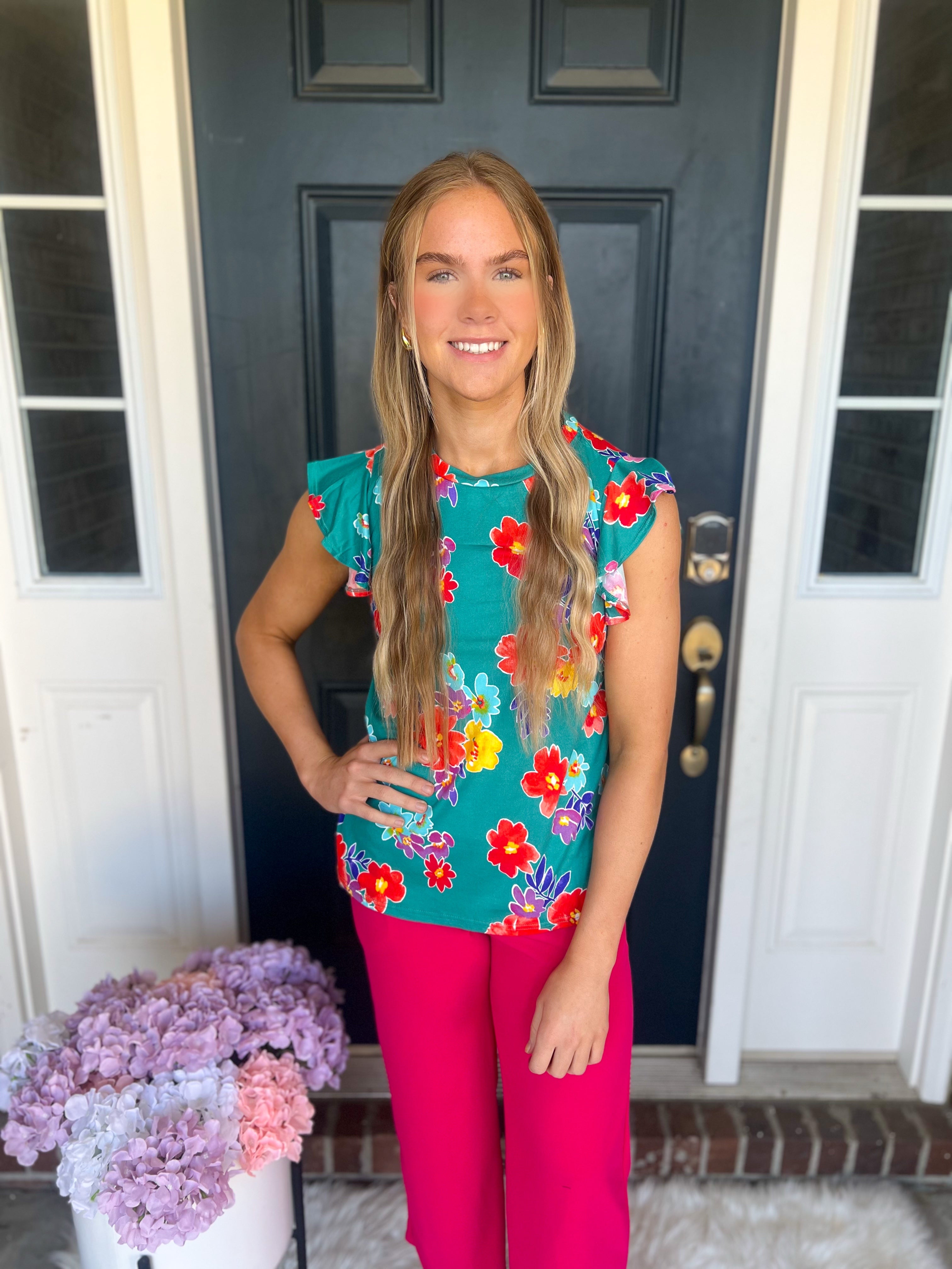 Teal Floral Ruffle Sleeve Top