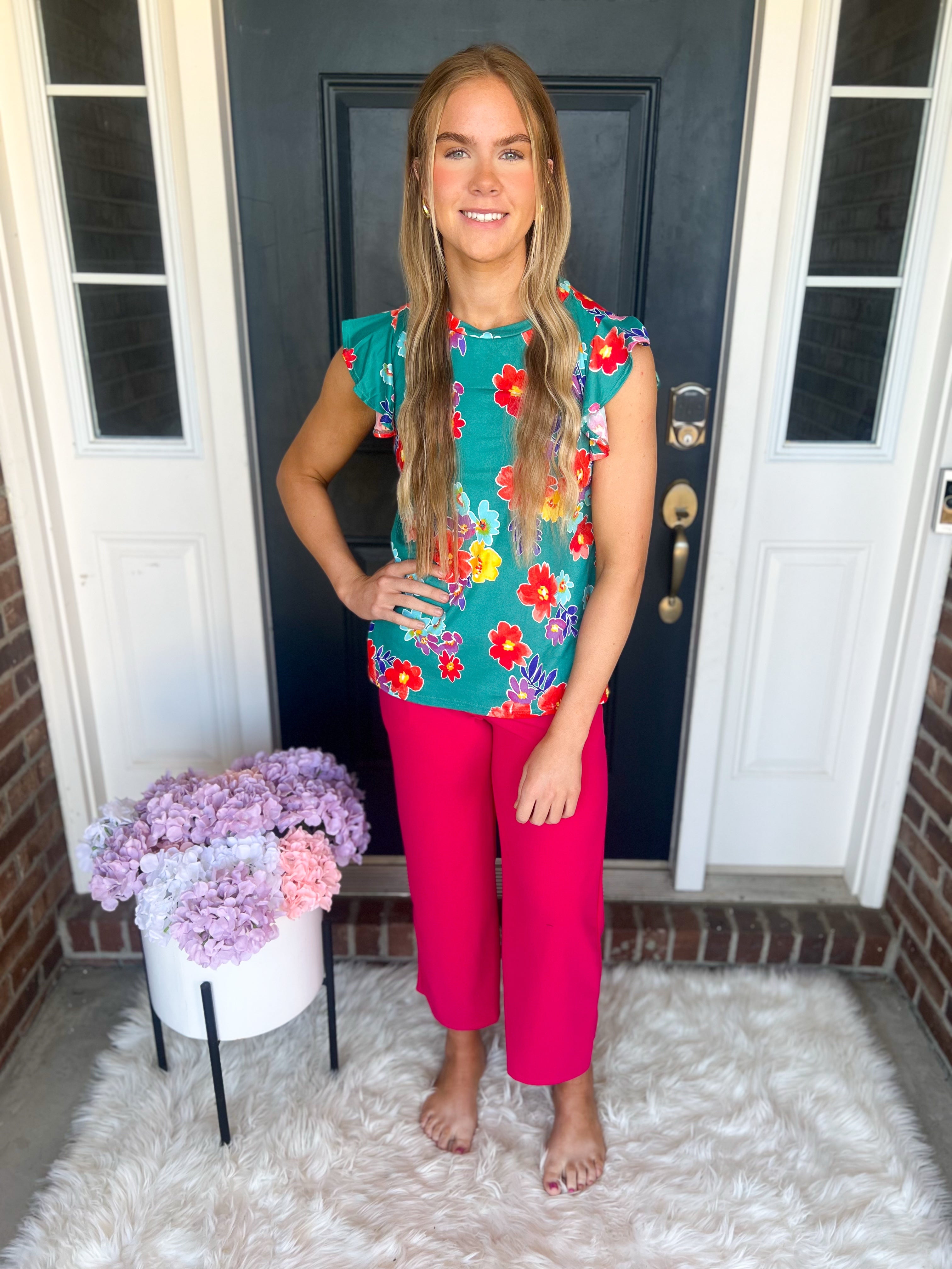 Teal Floral Ruffle Sleeve Top