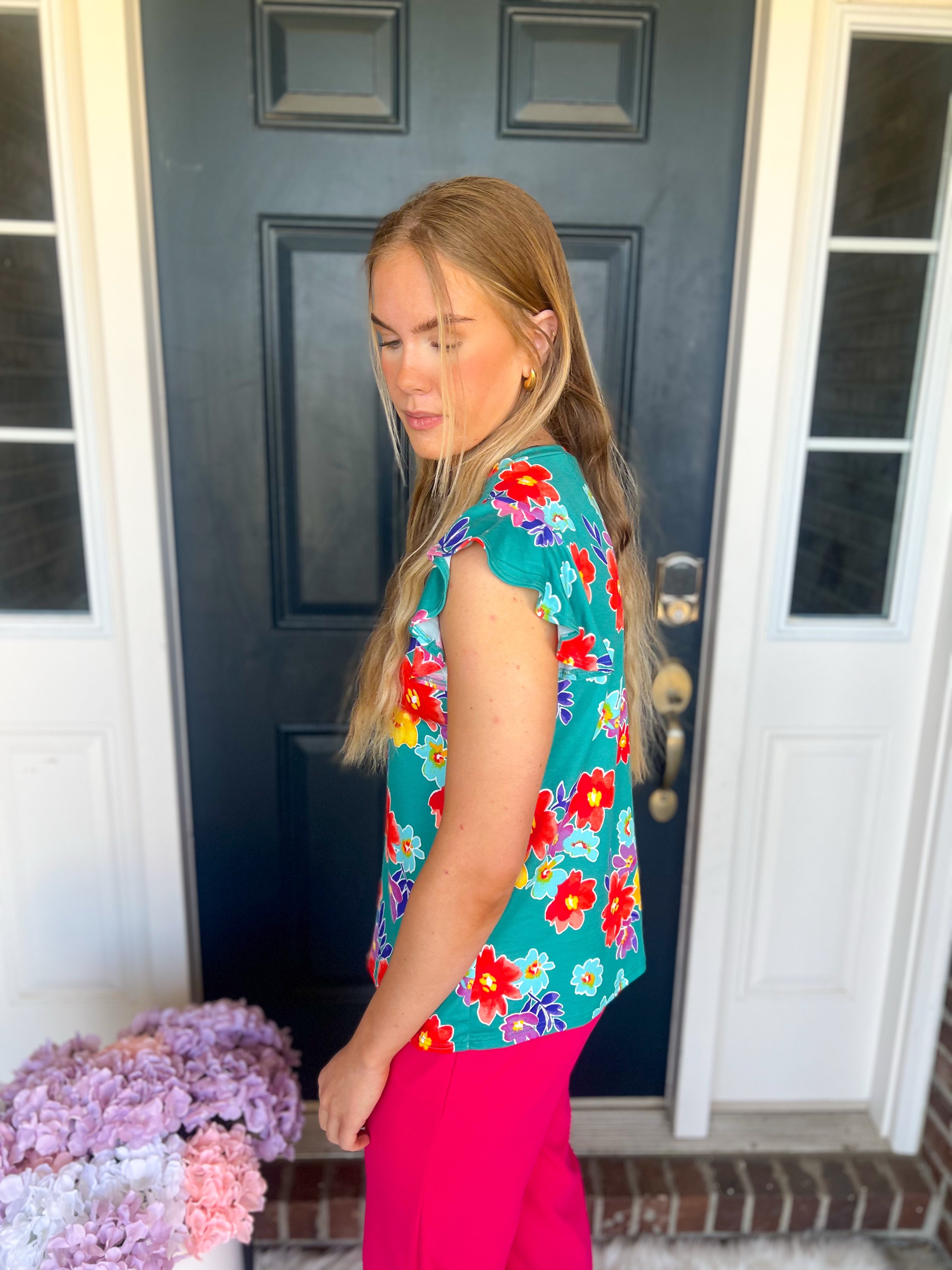 Teal Floral Ruffle Sleeve Top