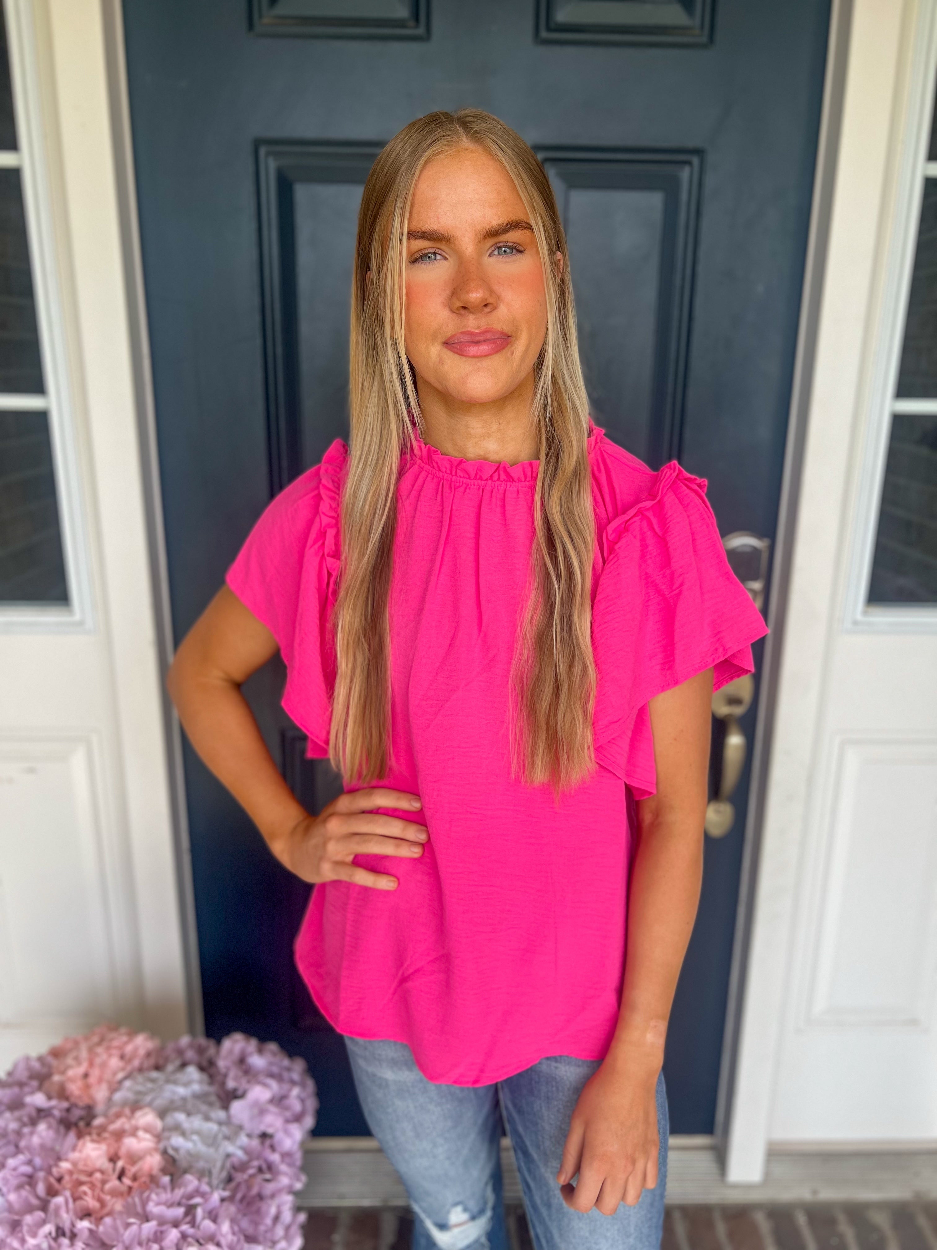 Serena Flutter Sleeve Blouse - Hot Pink