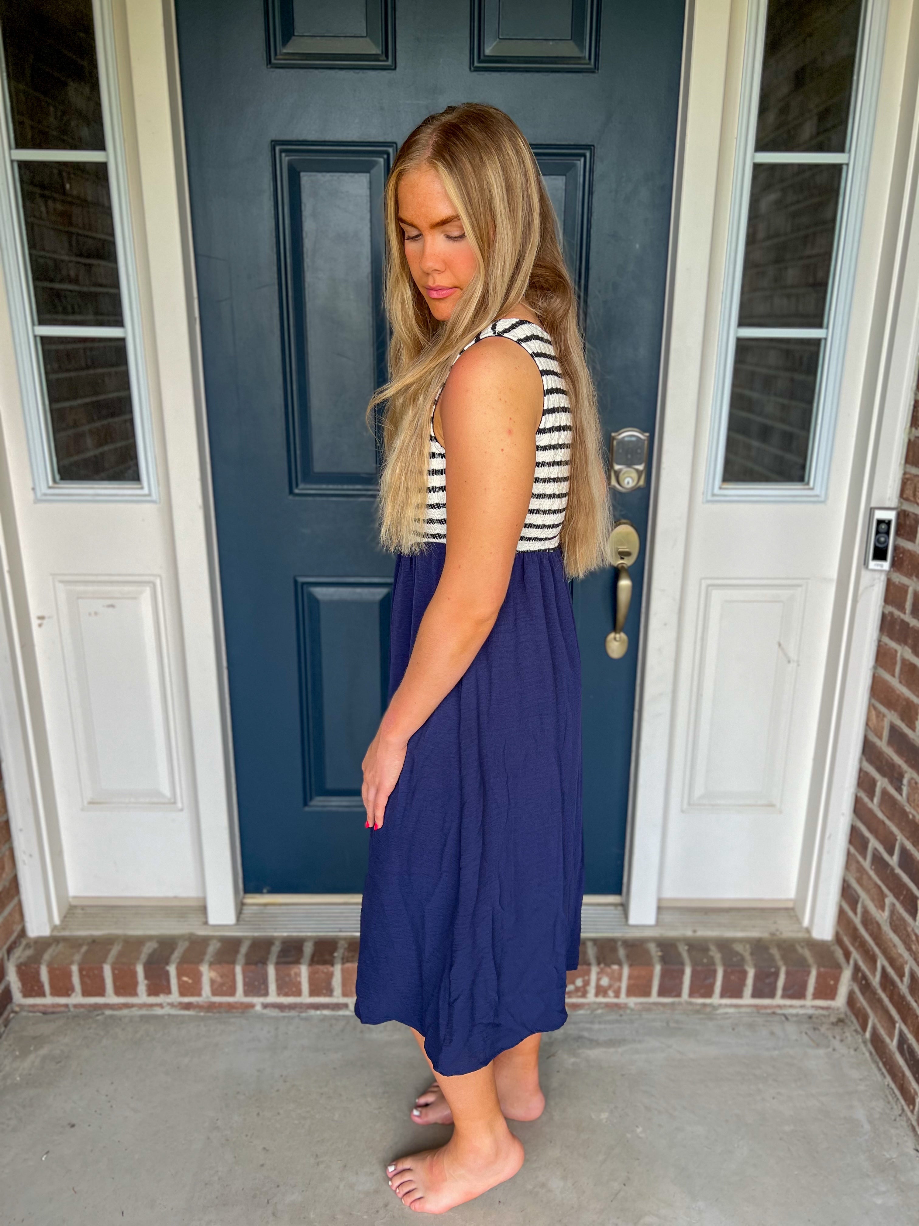 Navy Sleeveless Dress with Stripes