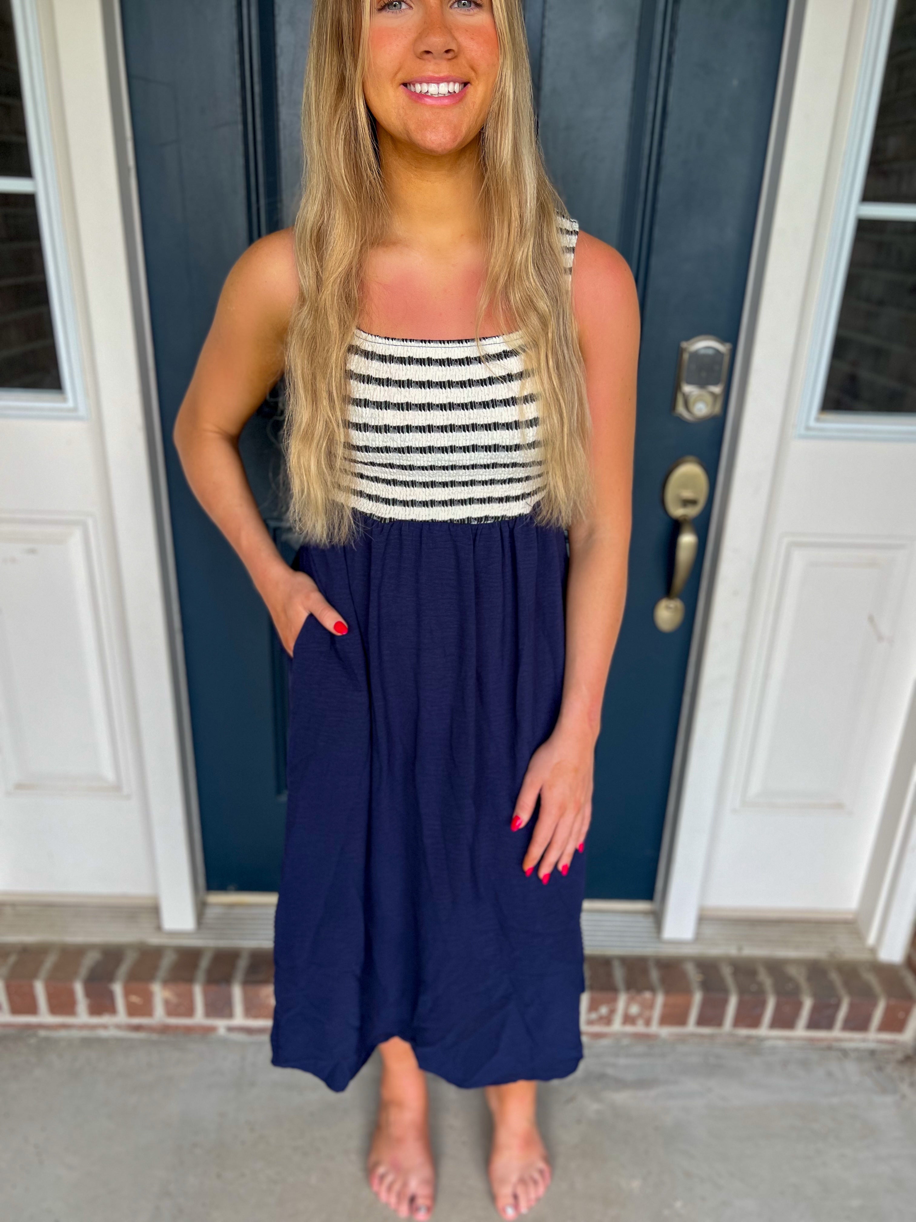 Navy Sleeveless Dress with Stripes