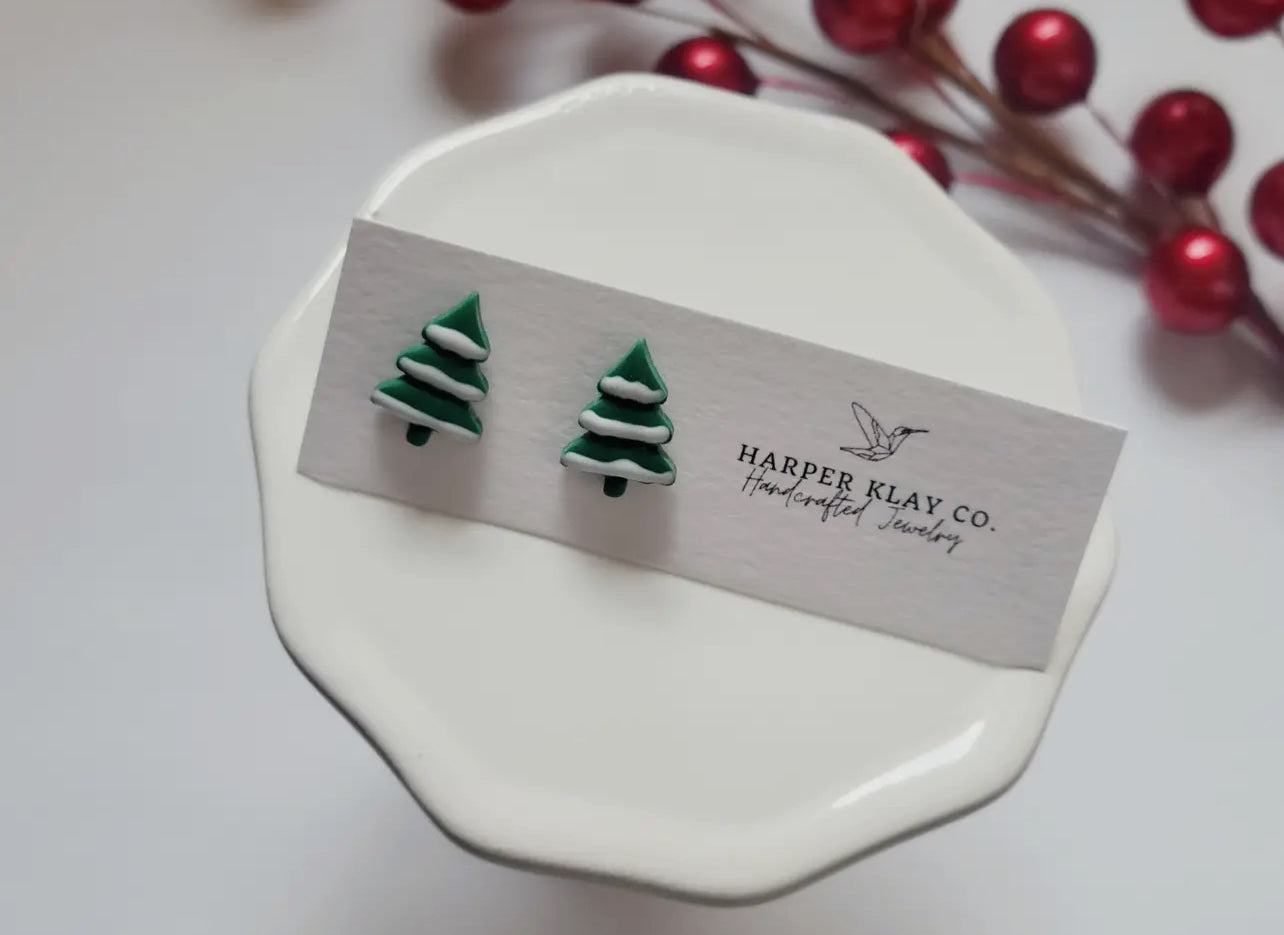 Snowy Tree Polymer Clay Stud Earrings
