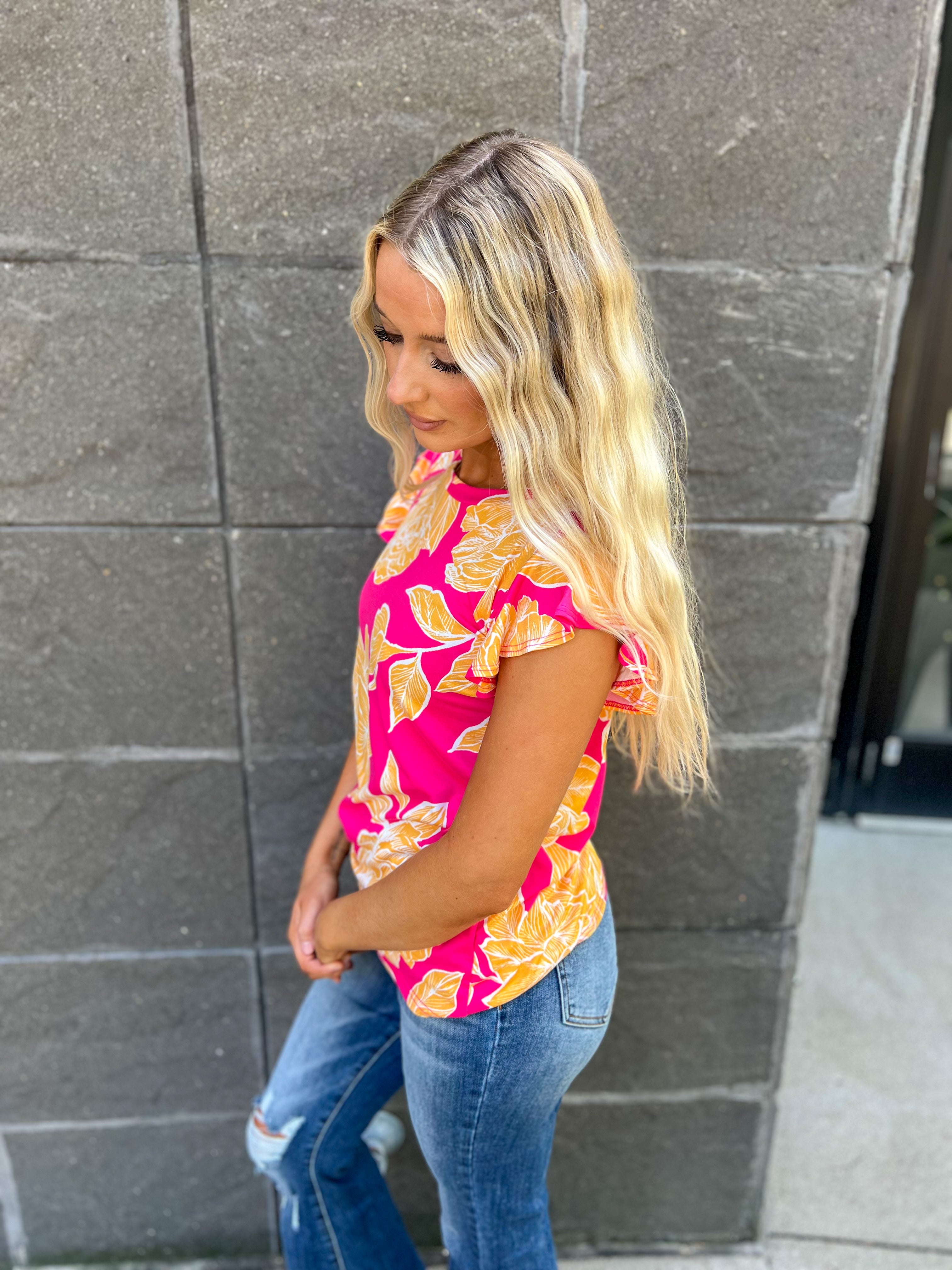 Pink and Yellow Floral Ruffle Sleeve Top