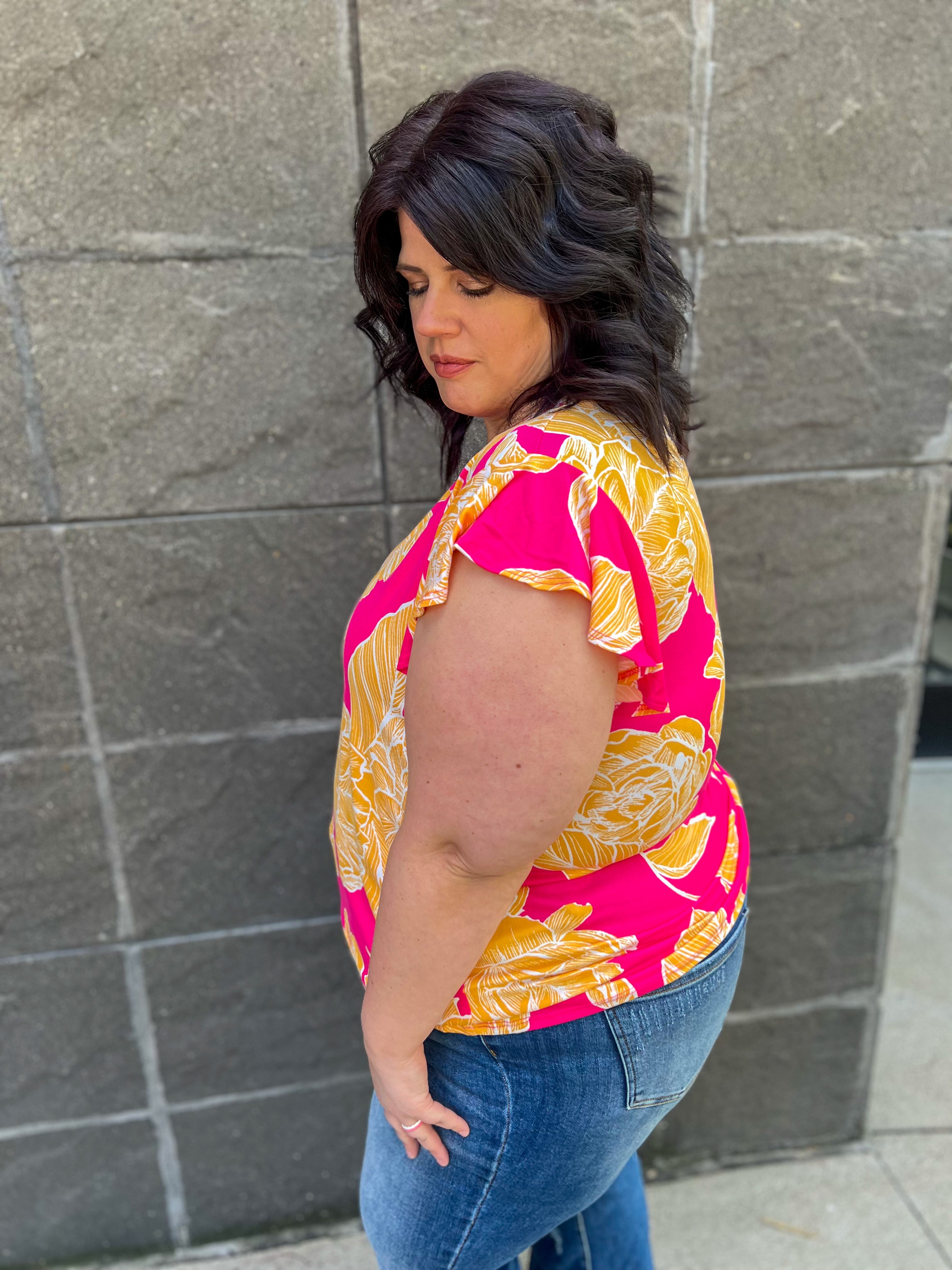 Pink and Yellow Floral Ruffle Sleeve Top