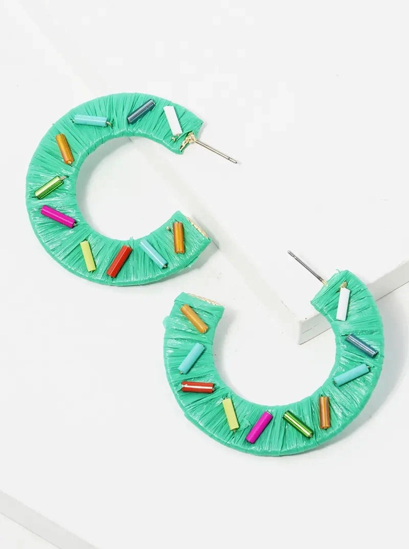 Raffia Wrapped Sprinkle Open Hoop Earrings - Green