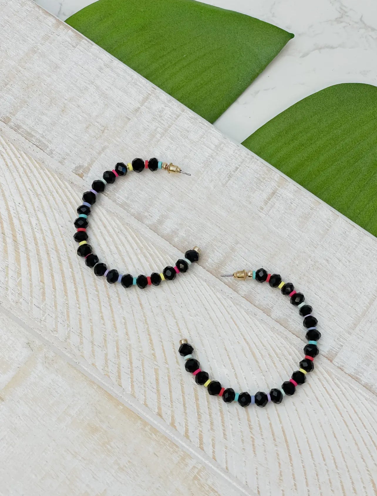 Rainbow Beaded Open Hoop Earrings - Black