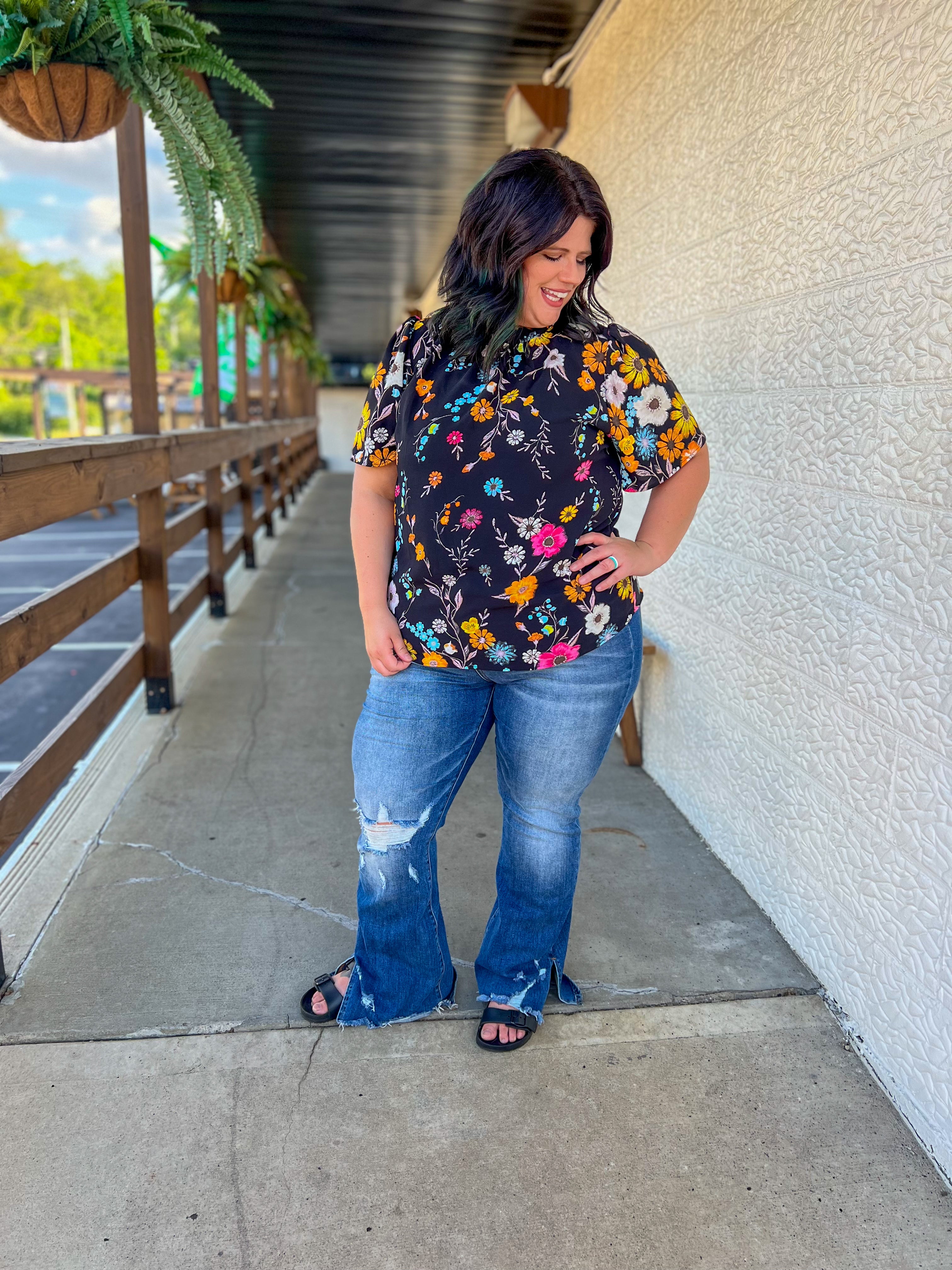 Serena Flutter Sleeve Blouse - Black Floral