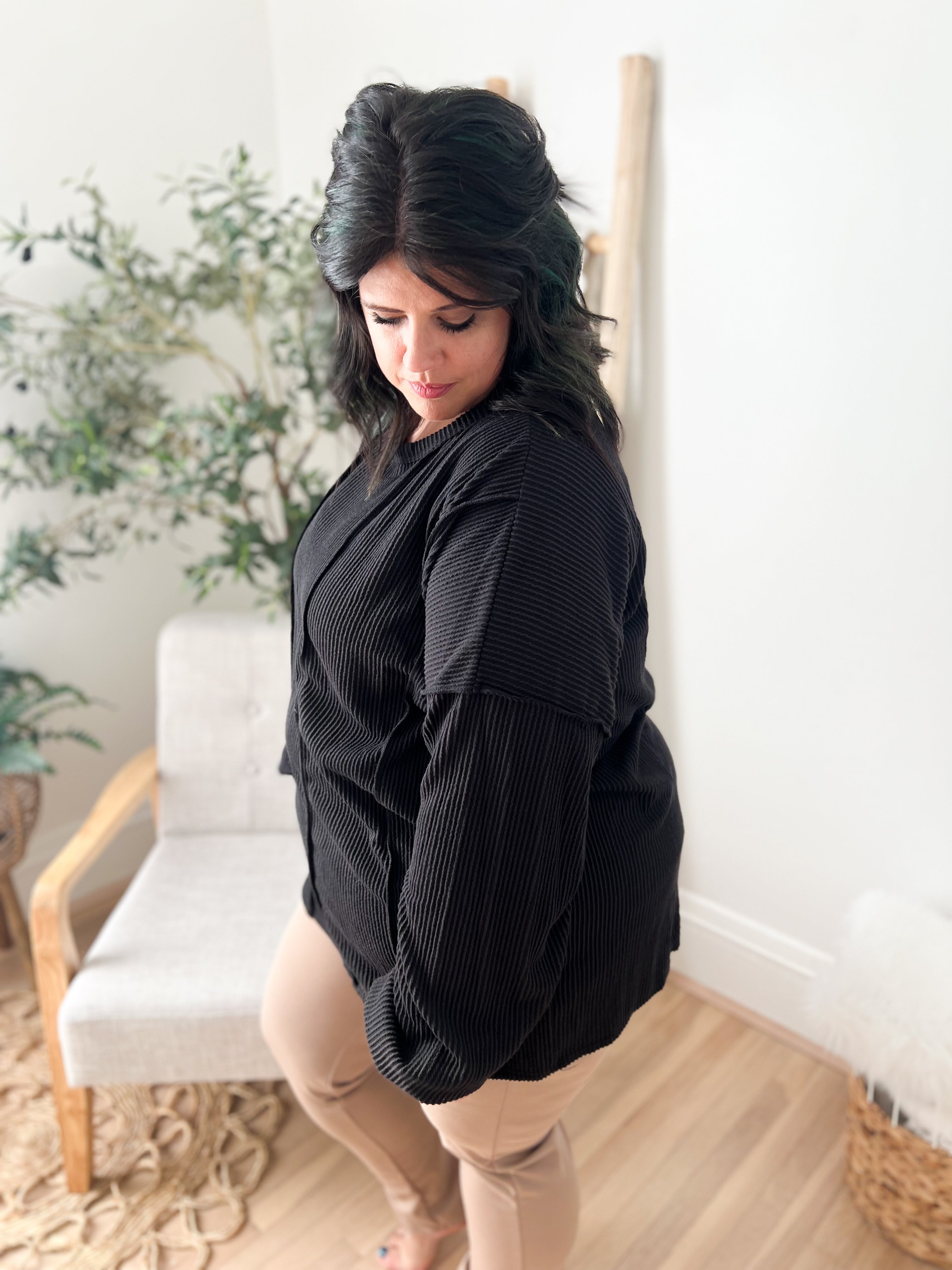 Elise Ribbed Long Sleeve Top - Black