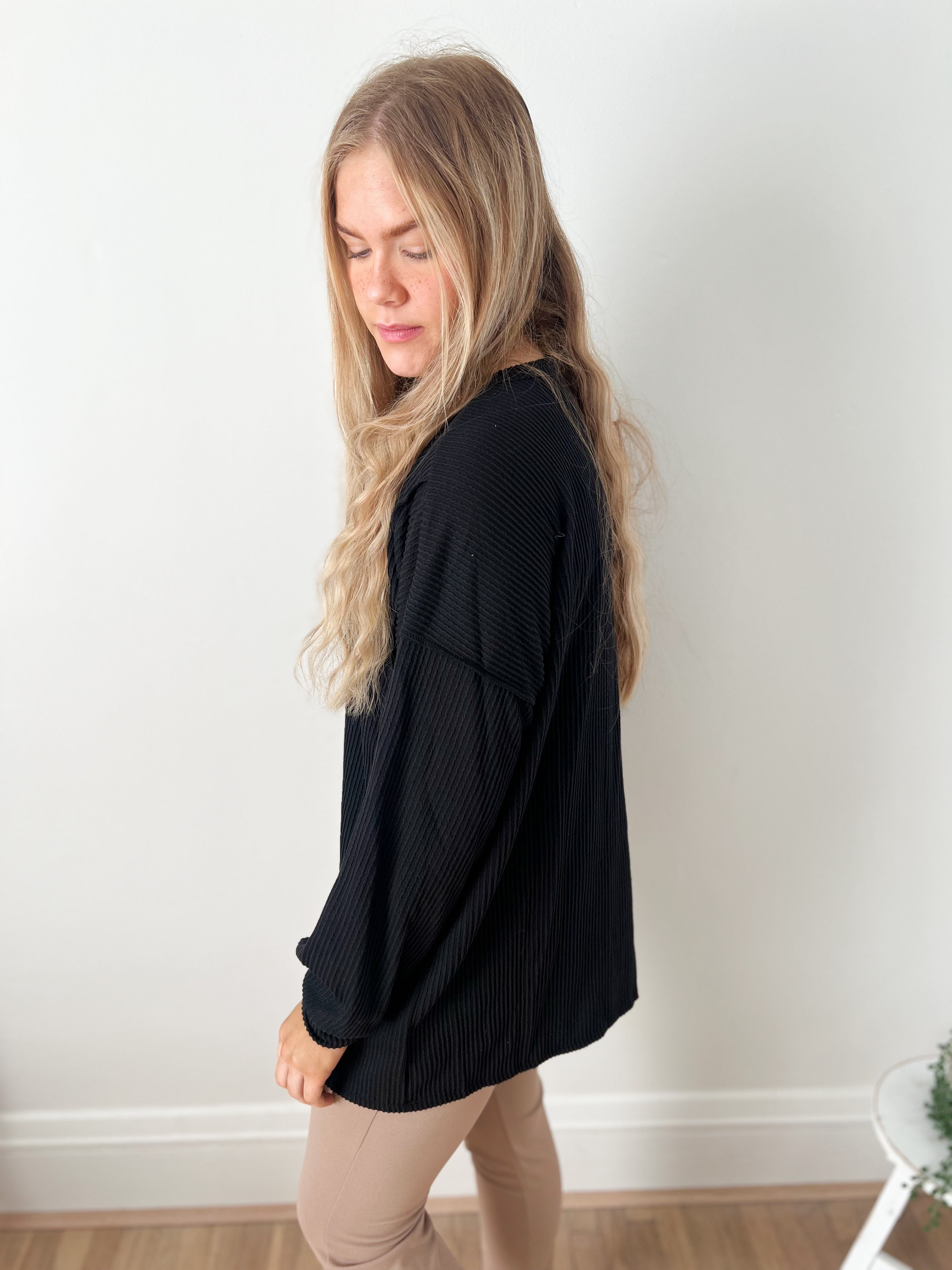 Elise Ribbed Long Sleeve Top - Black