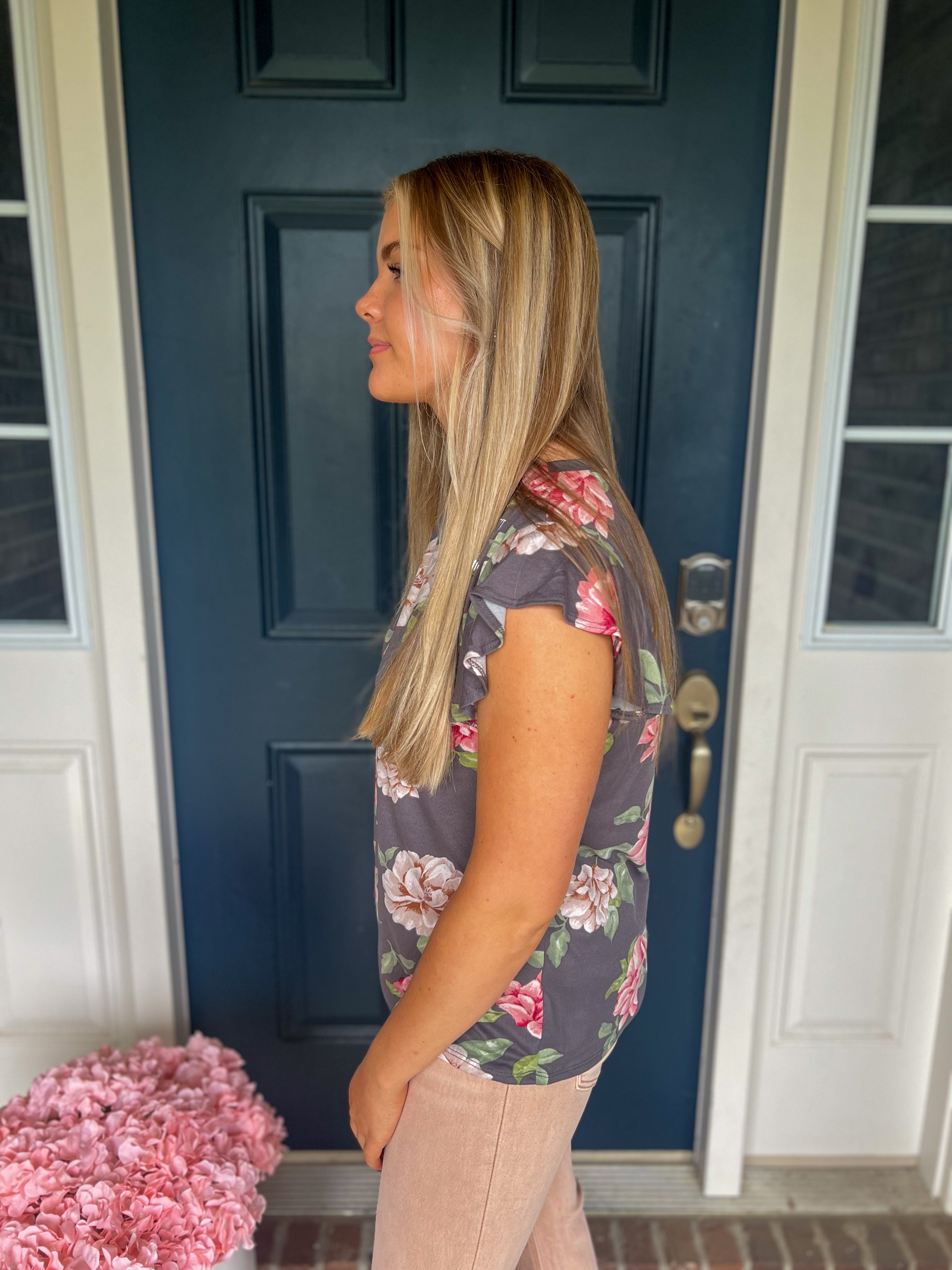 Charcoal Floral Short Sleeve Top