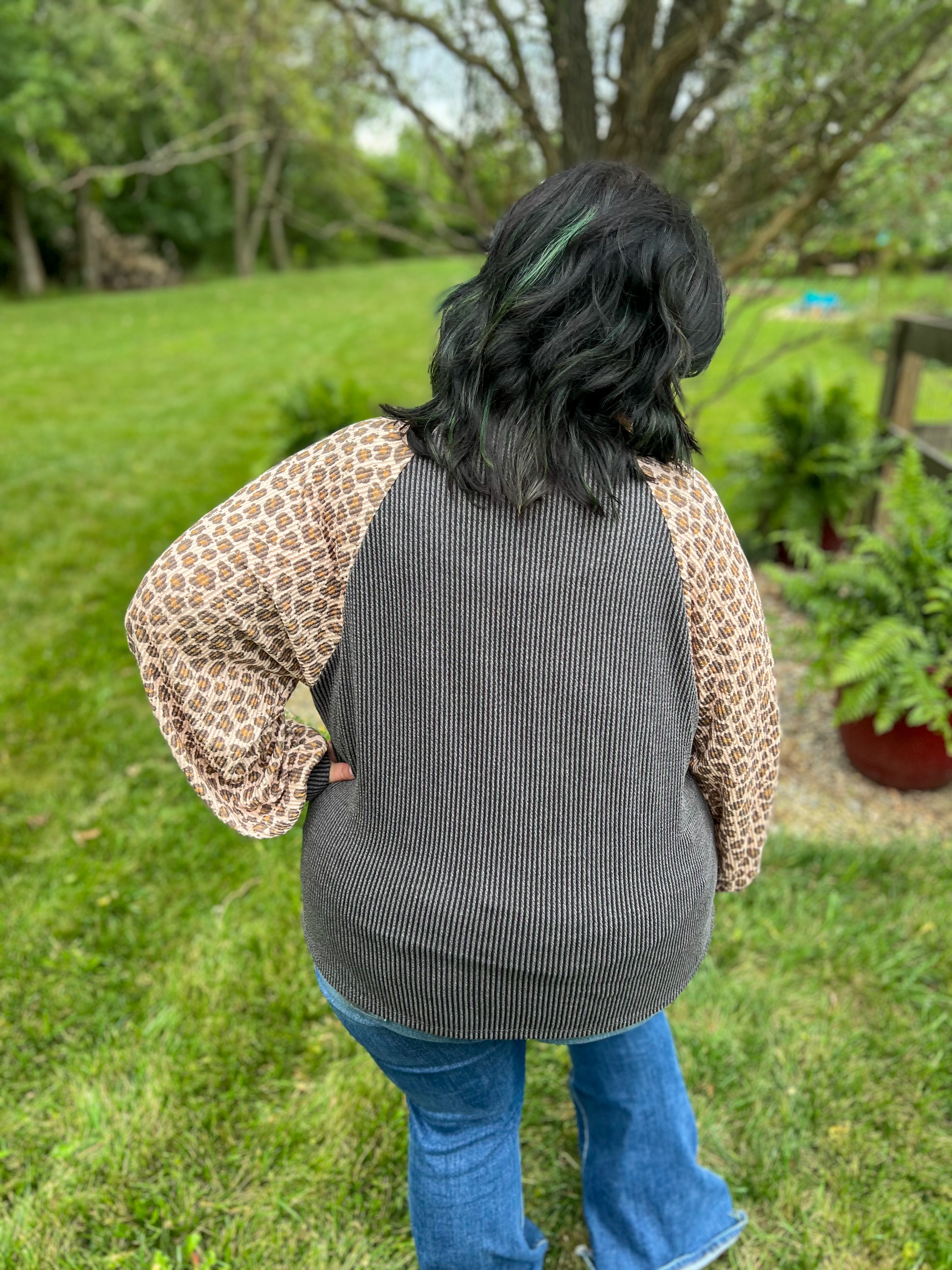 Feeling Bold Charcoal with Leopard Sleeves Top
