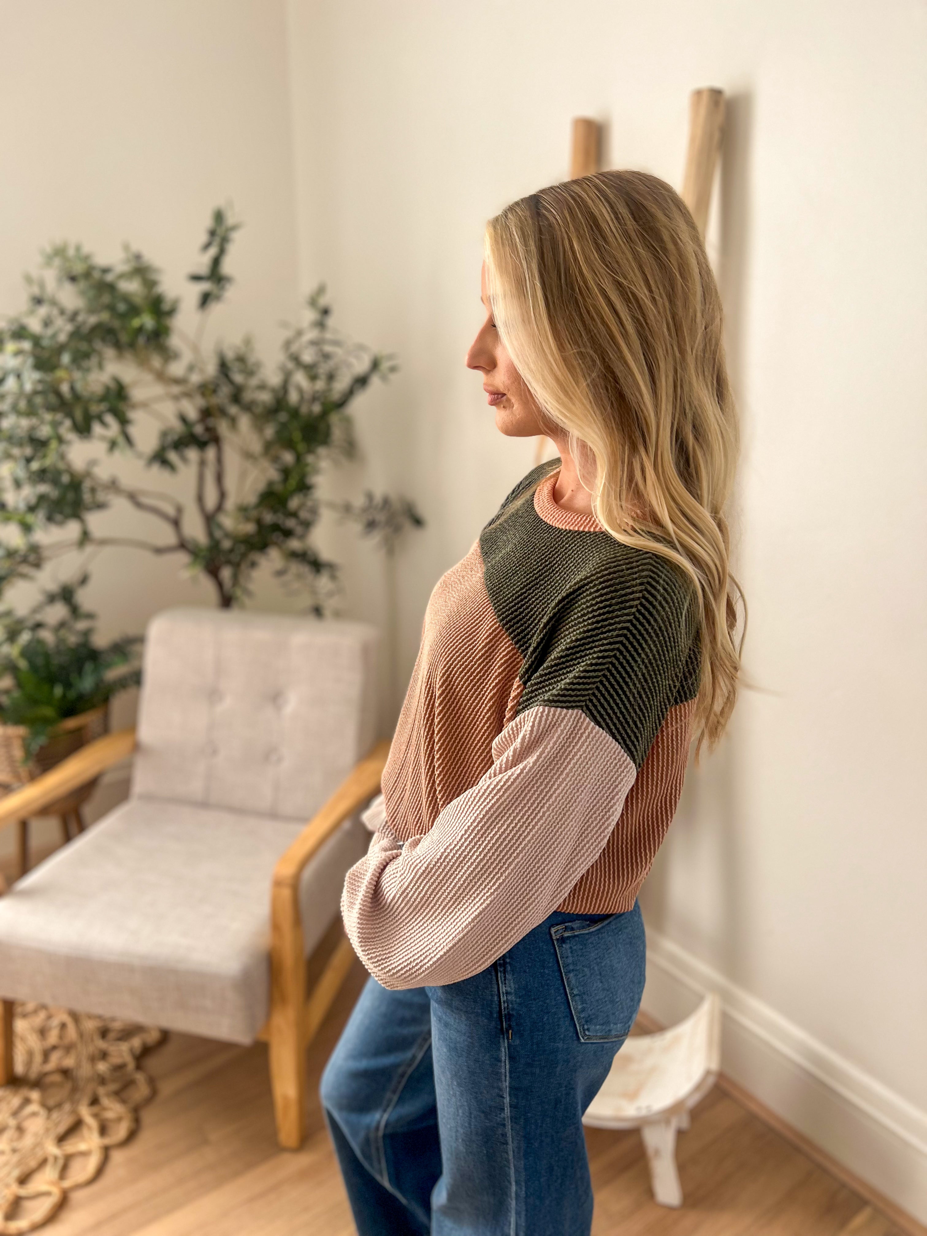 Keeley Corded Color Block Top - Olive and Peanut Butter