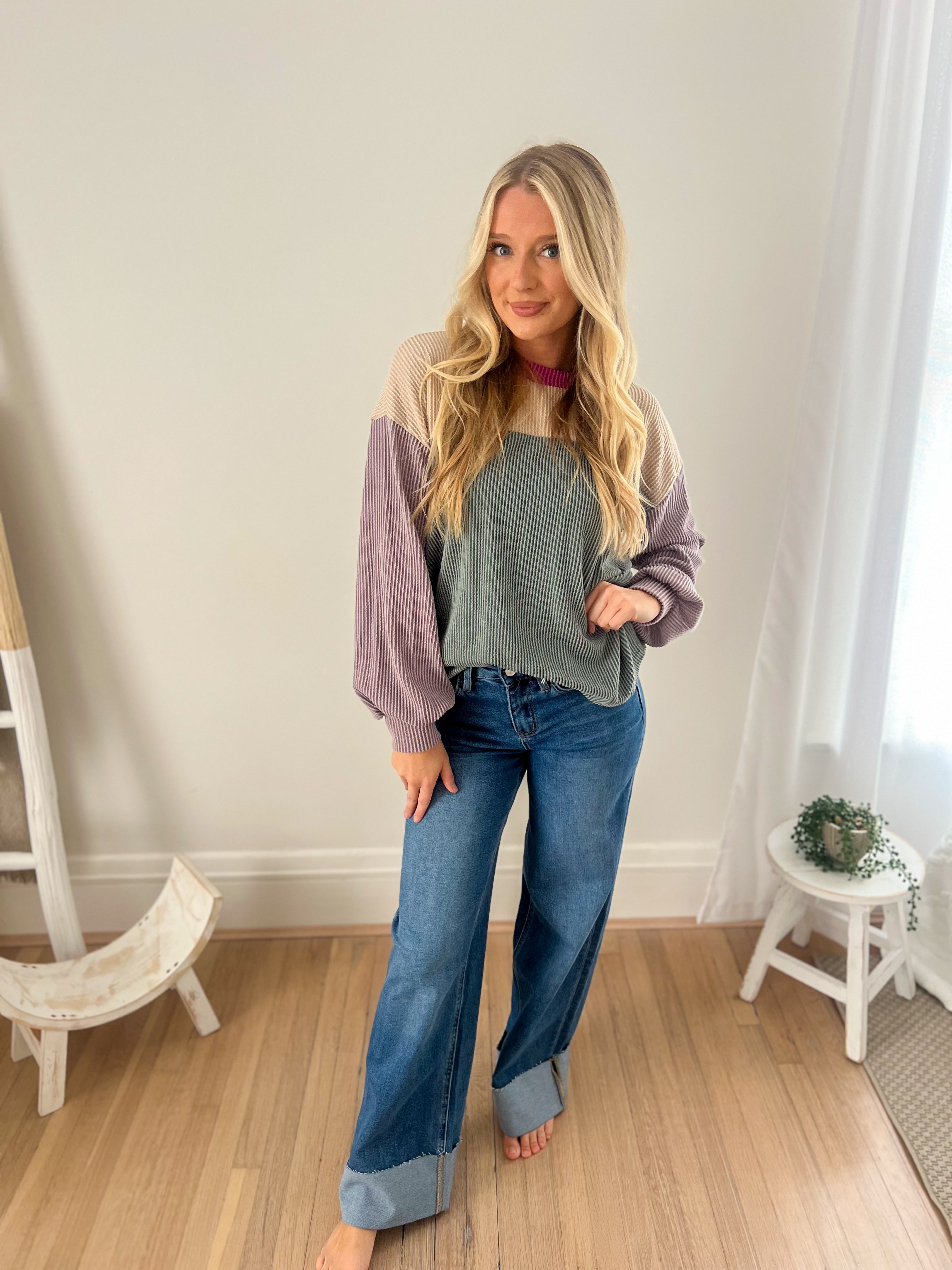 Keeley Corded Color Block Top - Lavender and Dusty Blue