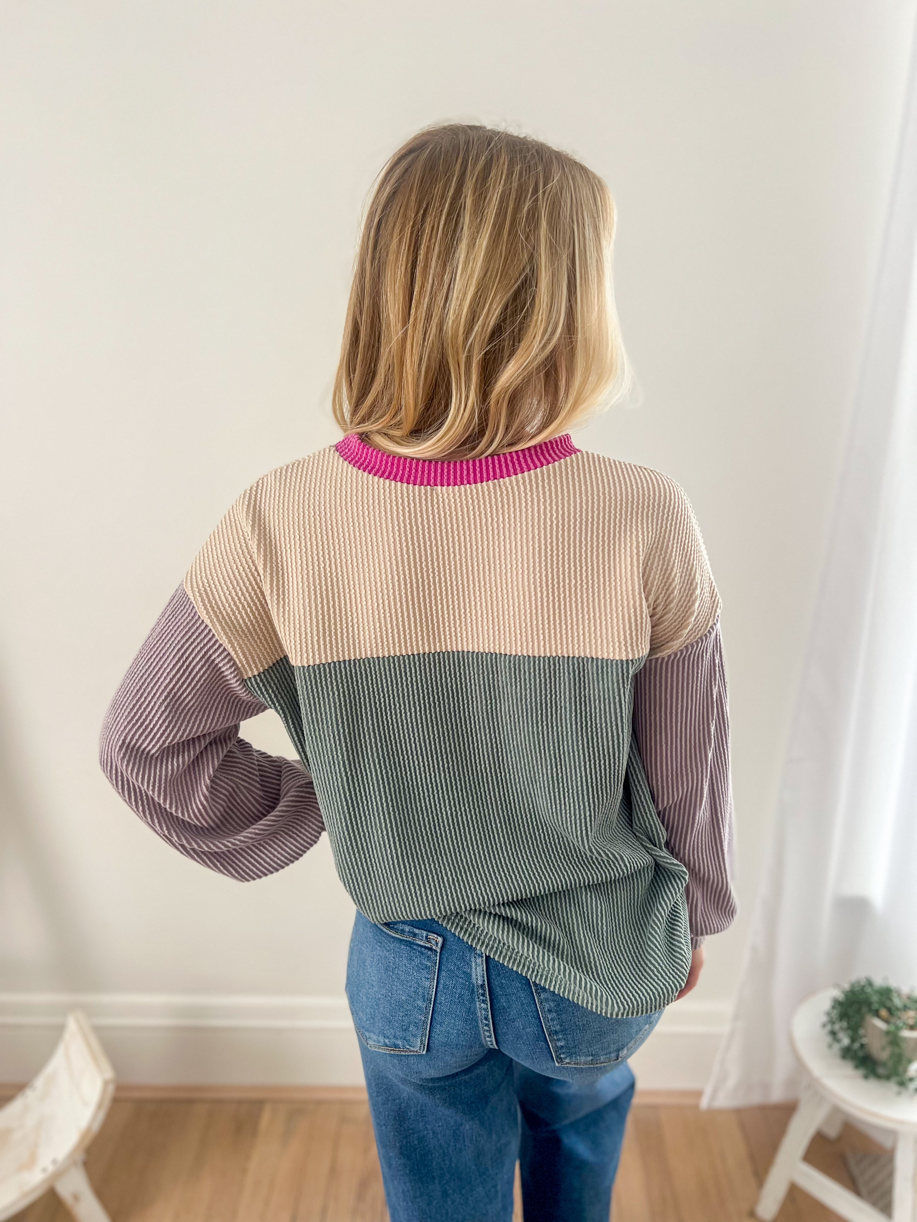 Keeley Corded Color Block Top - Lavender and Dusty Blue