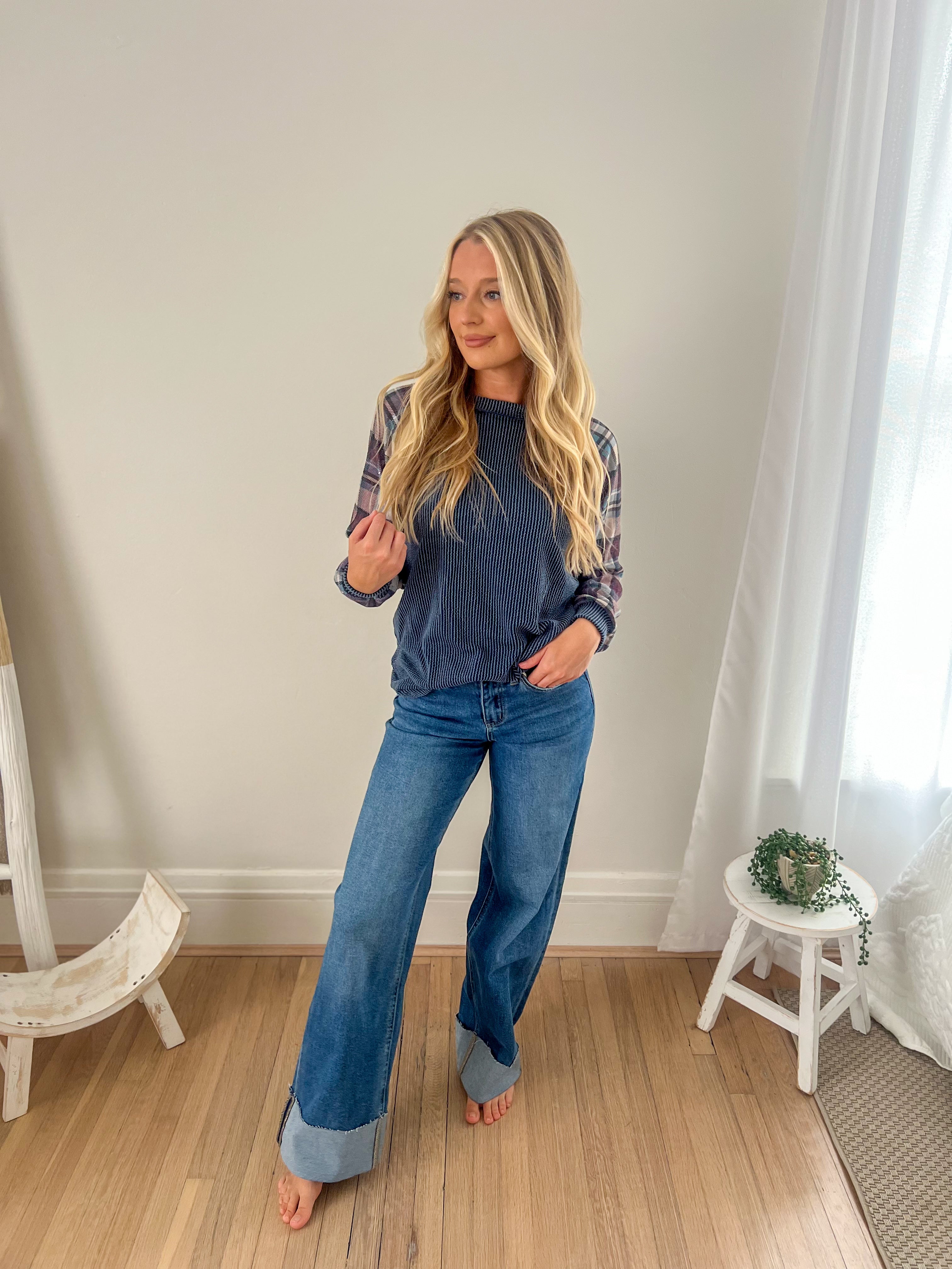 Maci Indigo Plaid Long Sleeve Top