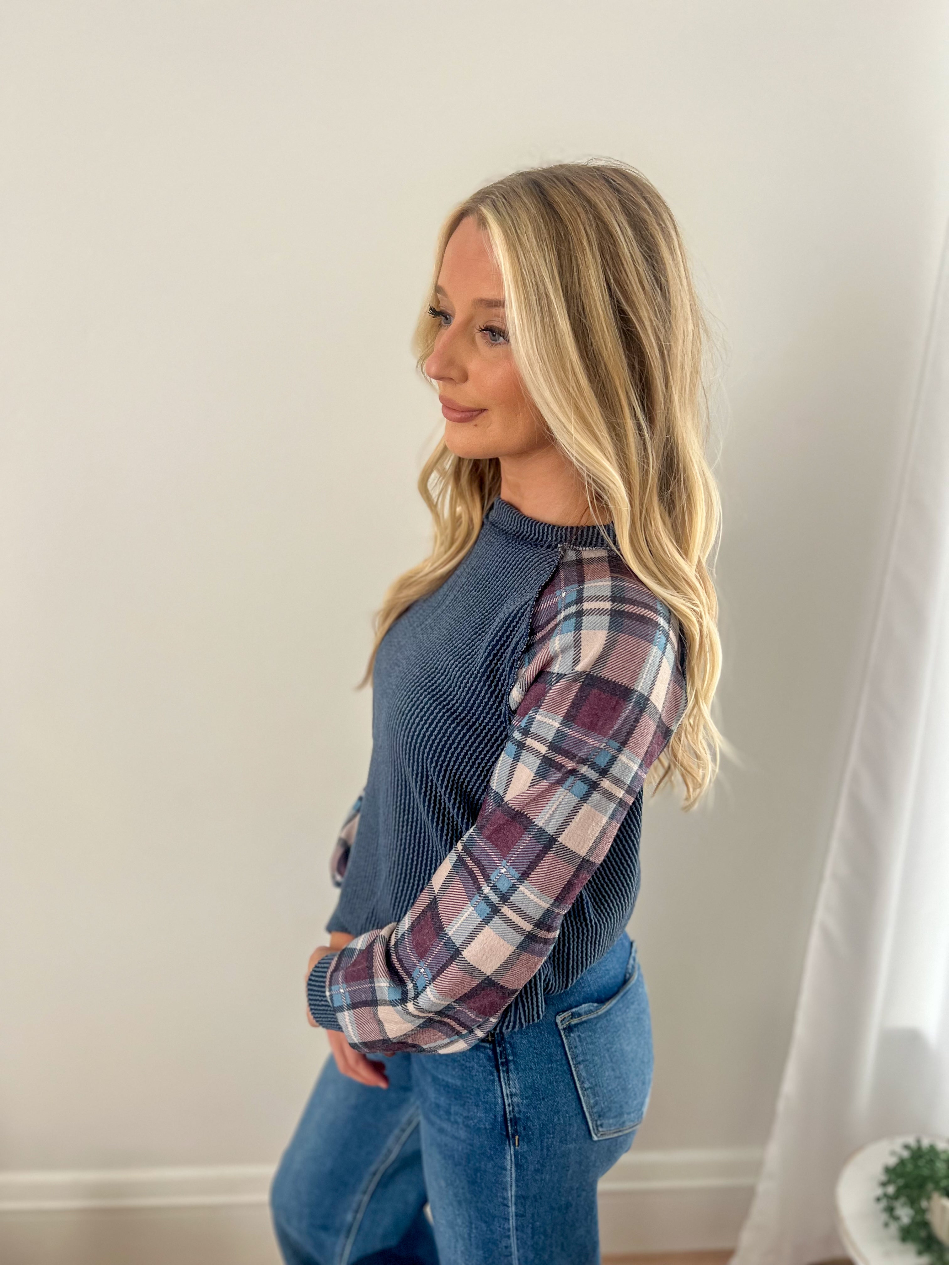 Maci Indigo Plaid Long Sleeve Top