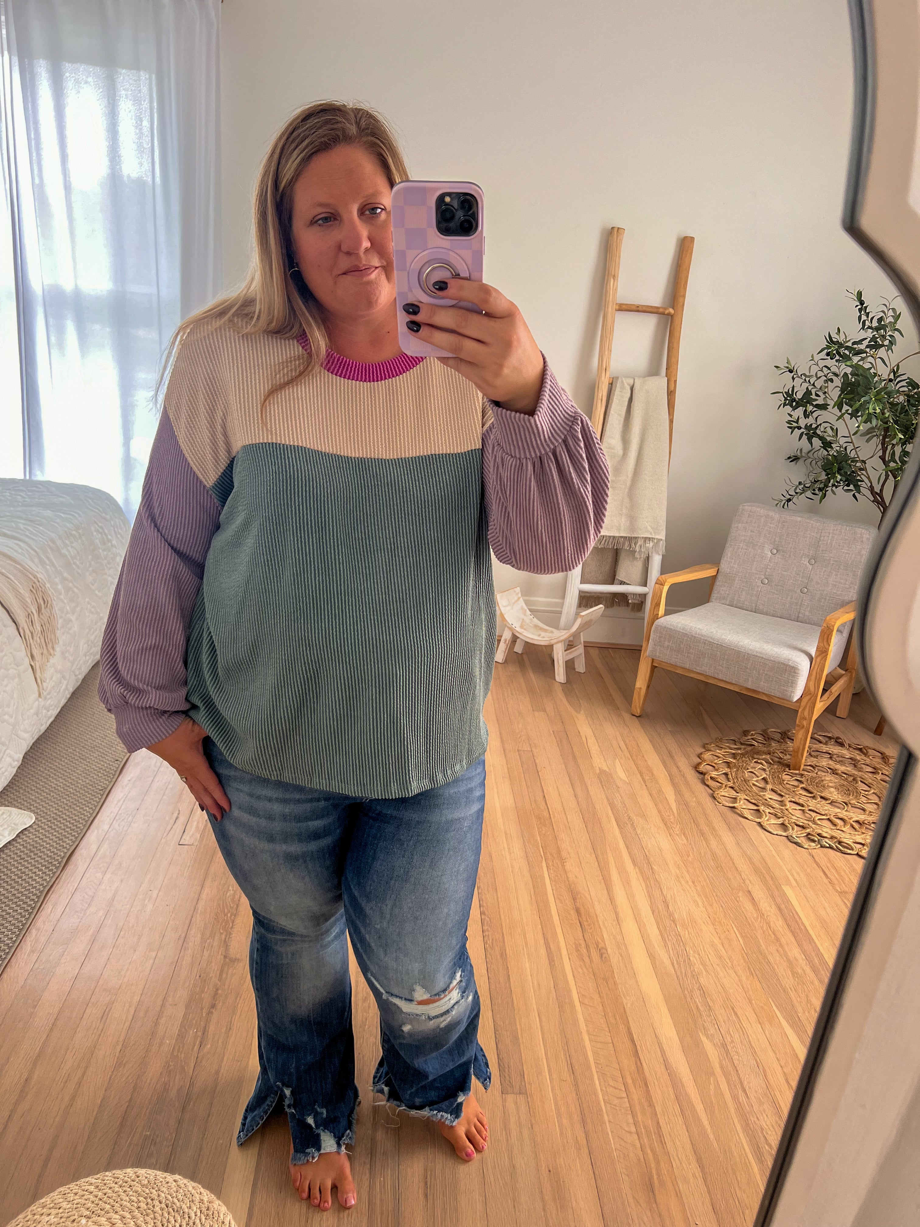 Keeley Corded Color Block Top - Lavender and Dusty Blue