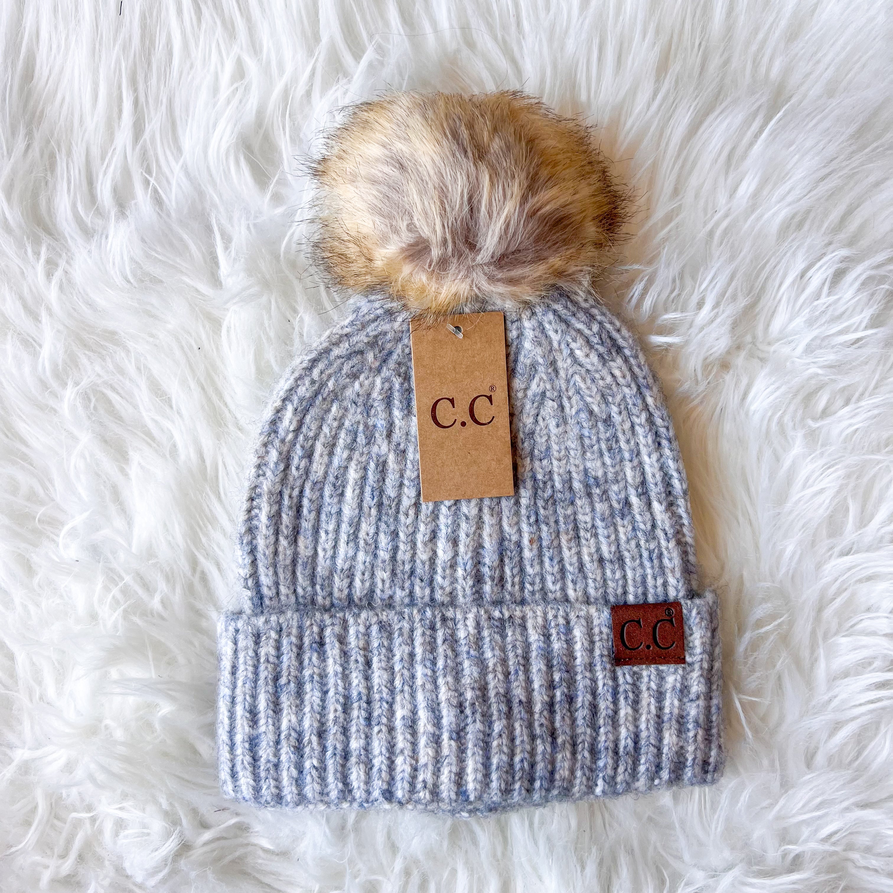 CC Soft Ribbed Fur Pom Beanie - 5 Colors