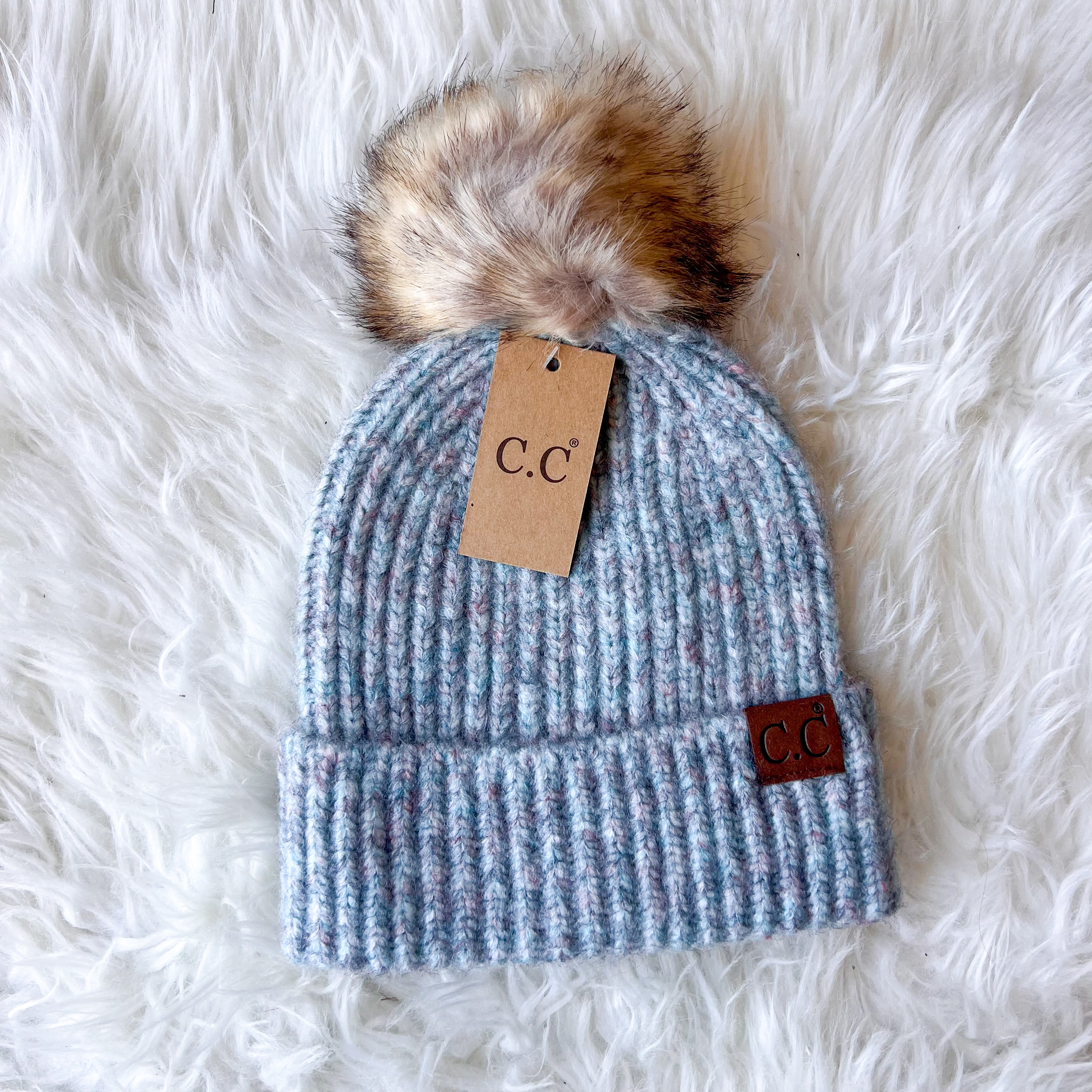 CC Soft Ribbed Fur Pom Beanie - 5 Colors