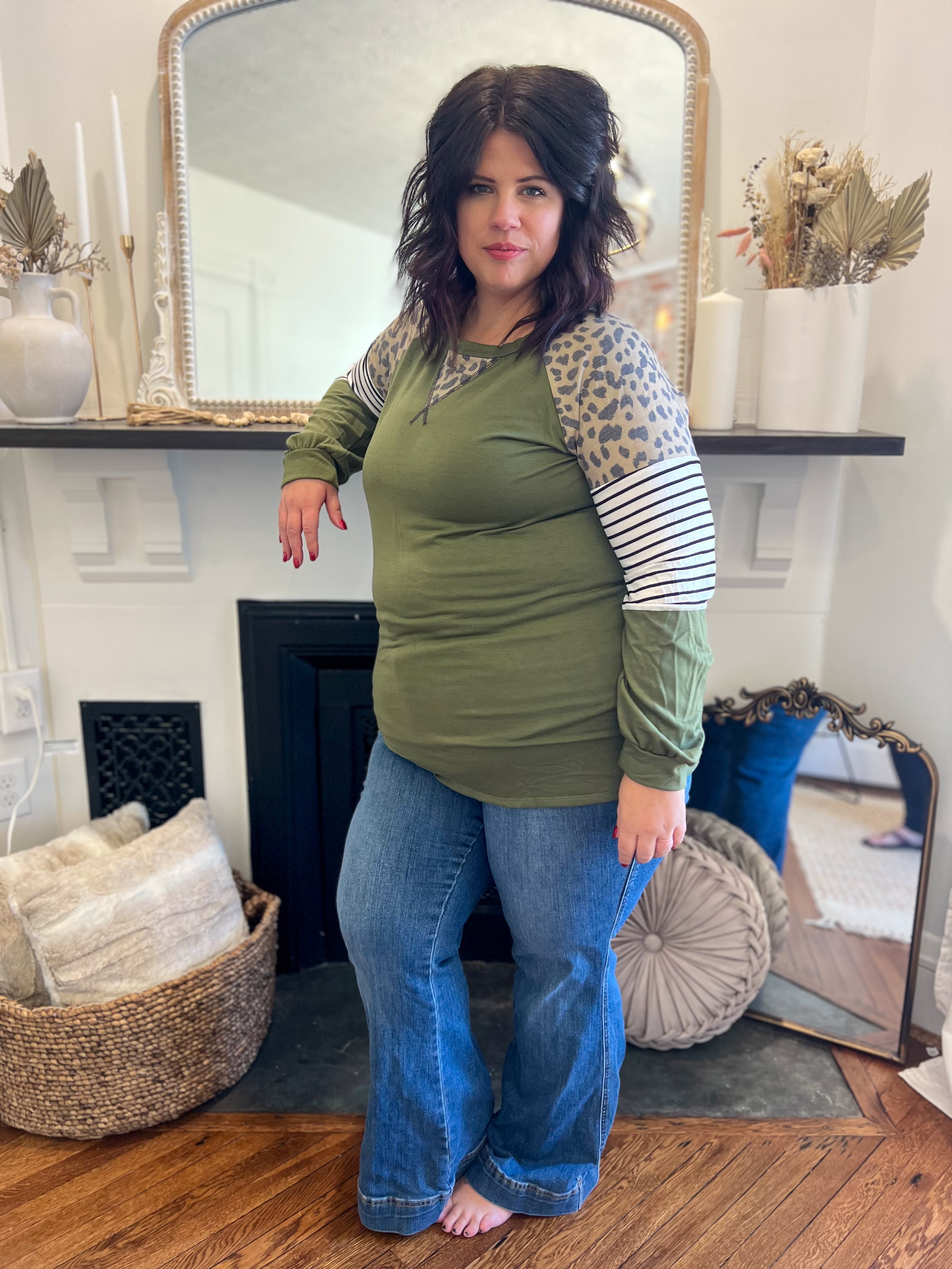 DOORBUSTER Olive with Leopard Accents Top