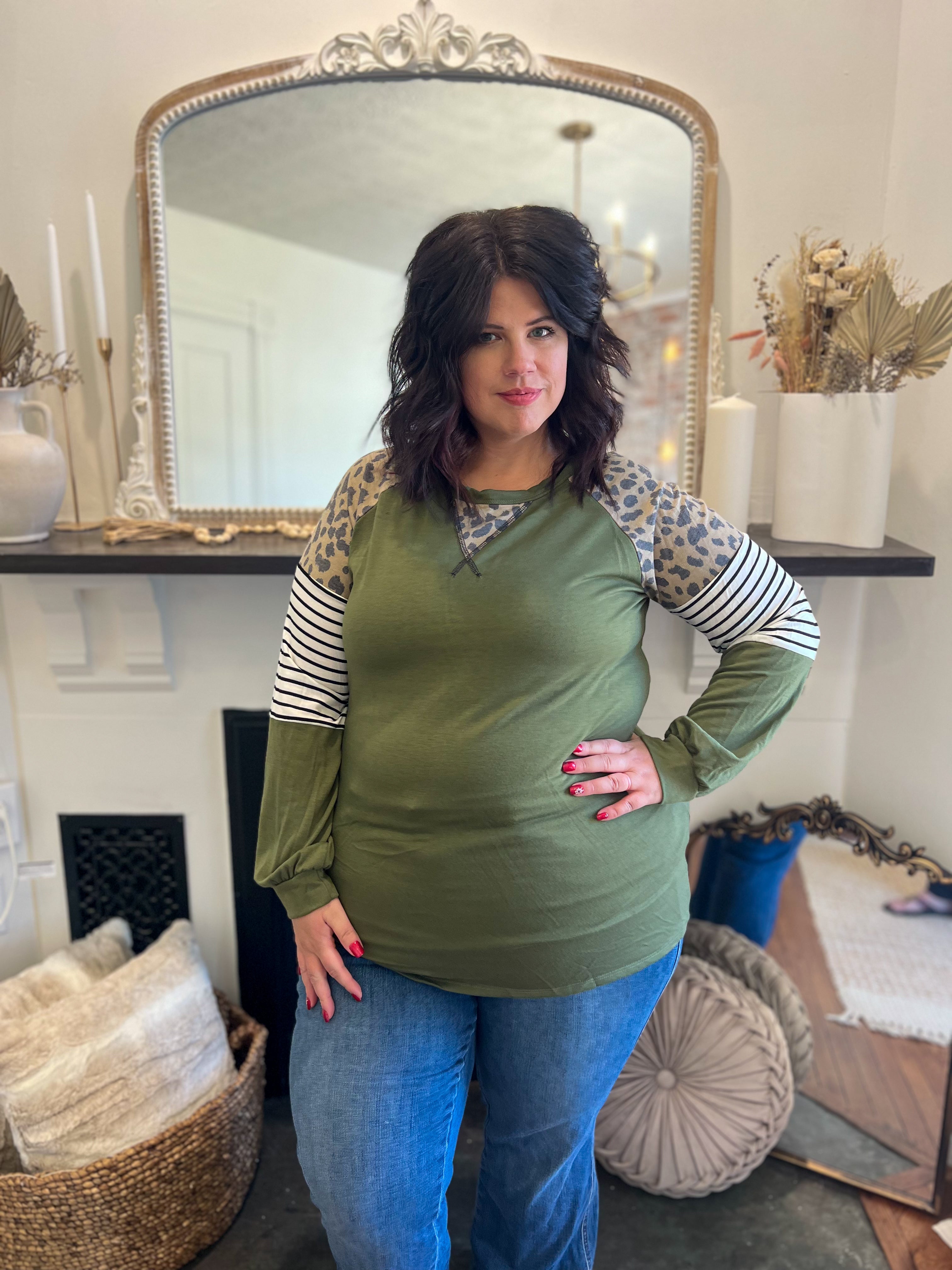 DOORBUSTER Olive with Leopard Accents Top