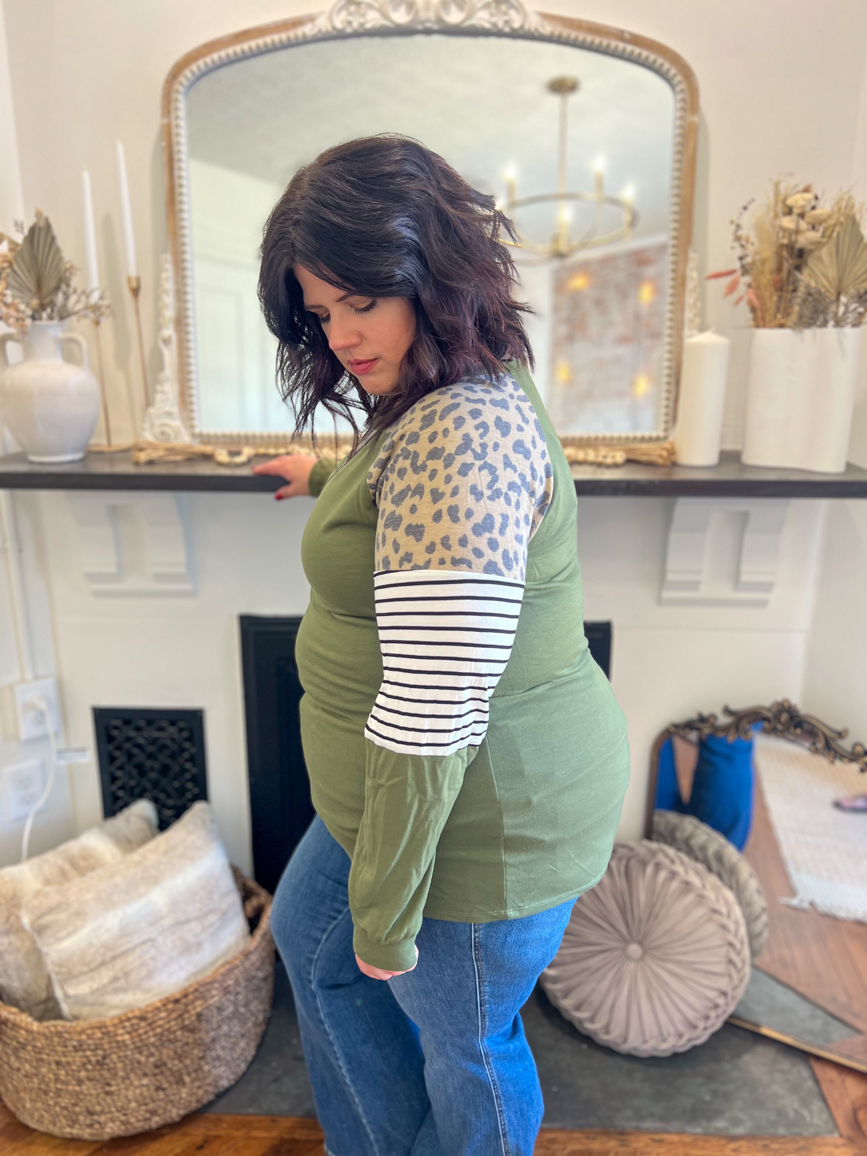 DOORBUSTER Olive with Leopard Accents Top
