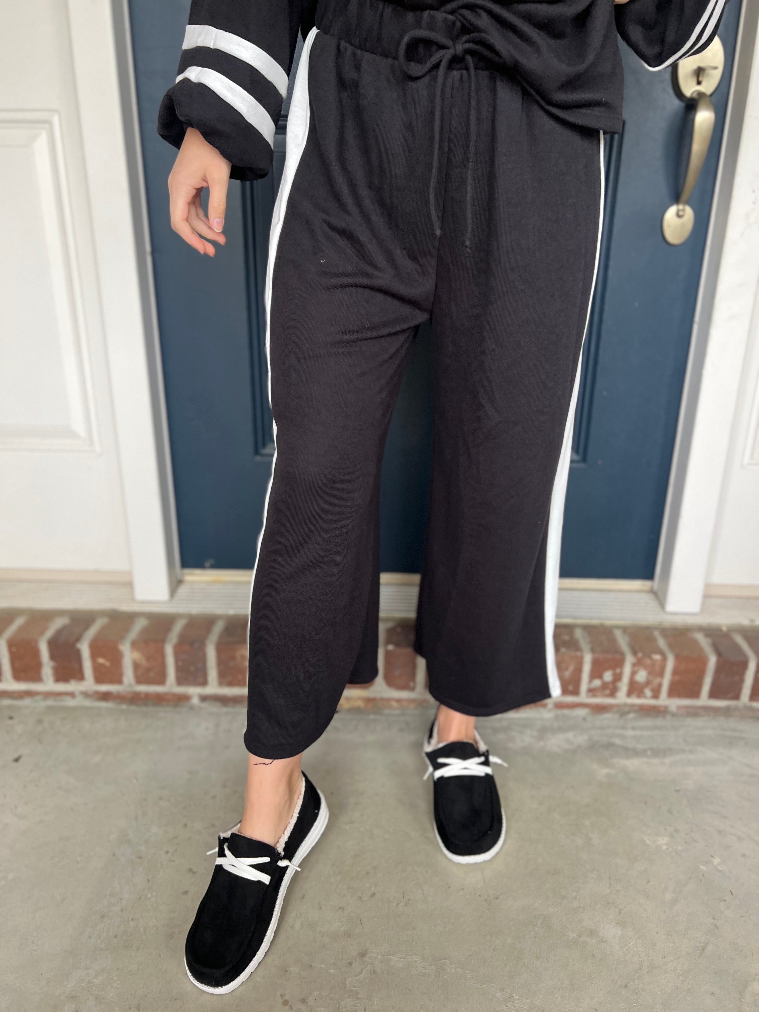 Black Wide Leg with White Stripe Pants