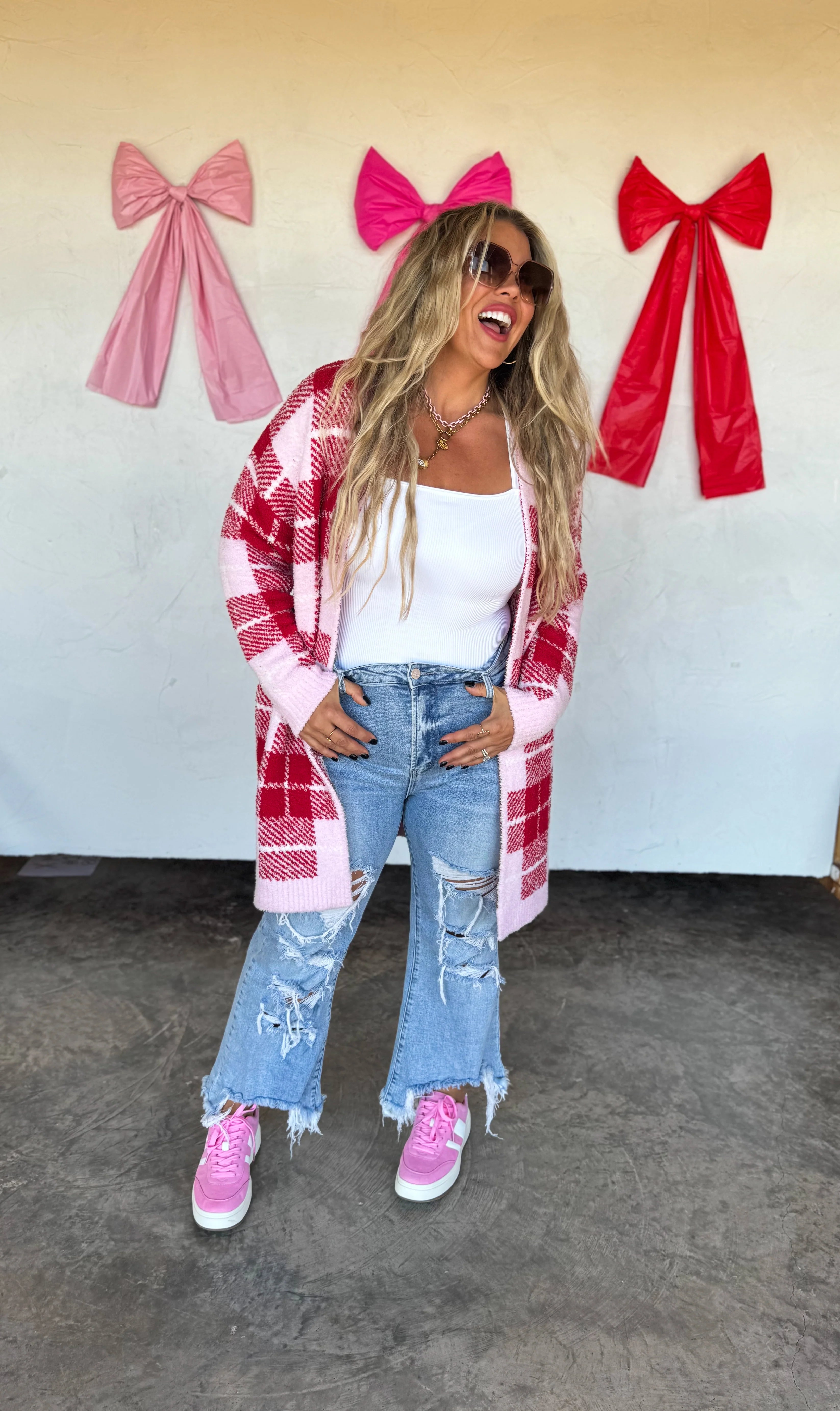 Pink and Red Plaid Cloud Cardigan