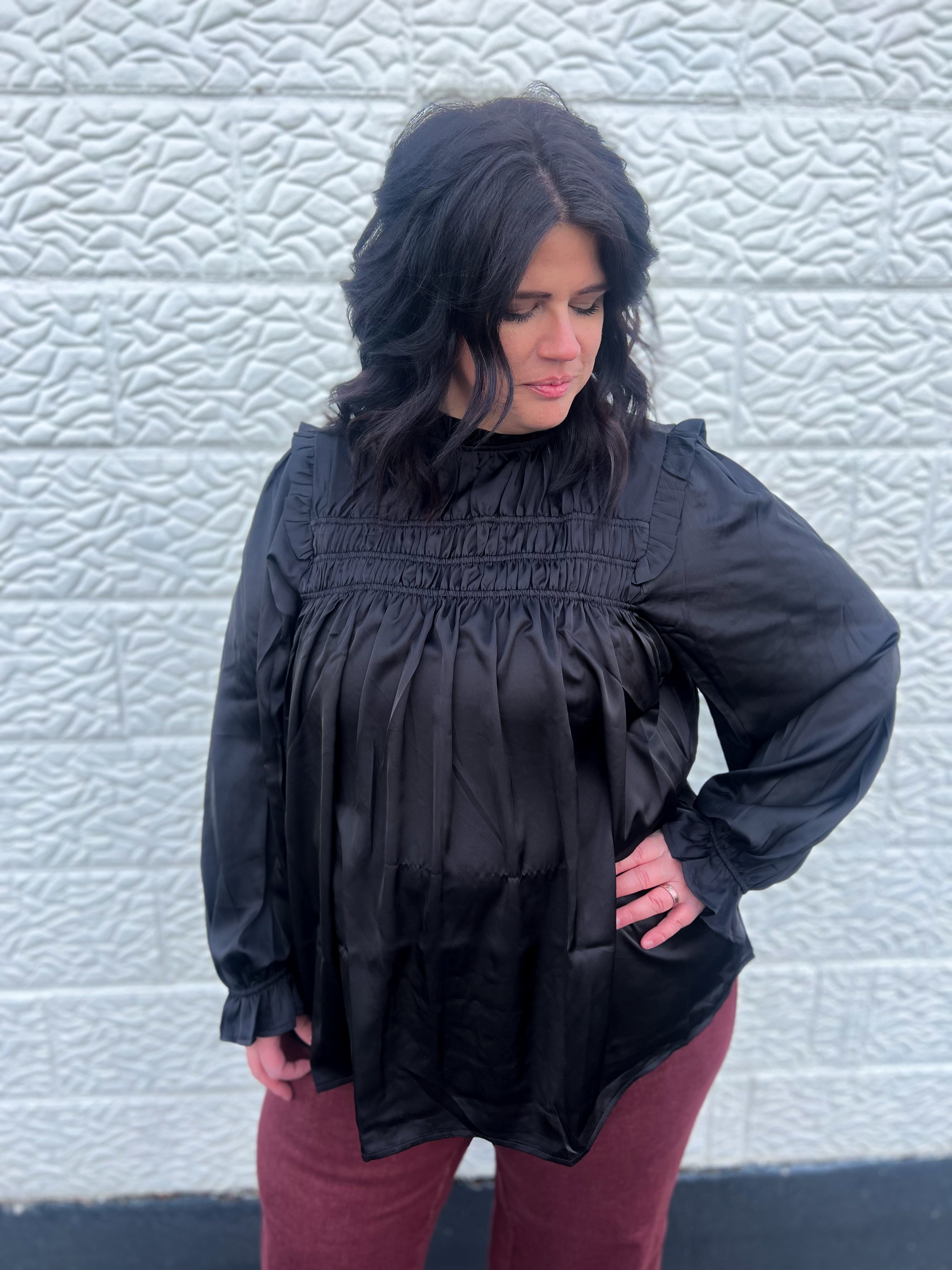 Black Mock Neck Satin Long Sleeve Blouse