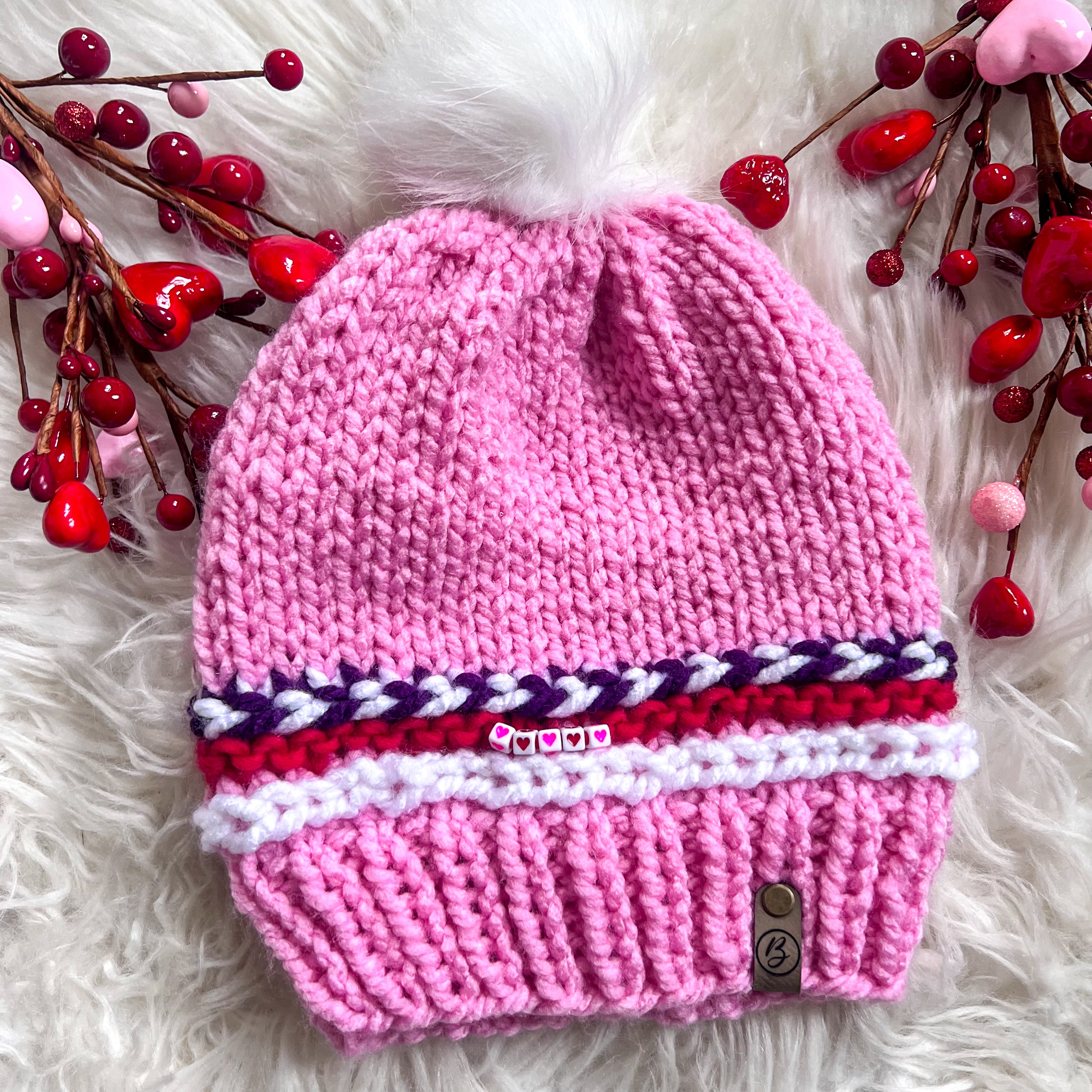 Friendship Bracelet Knitted Beanie - All Hearts