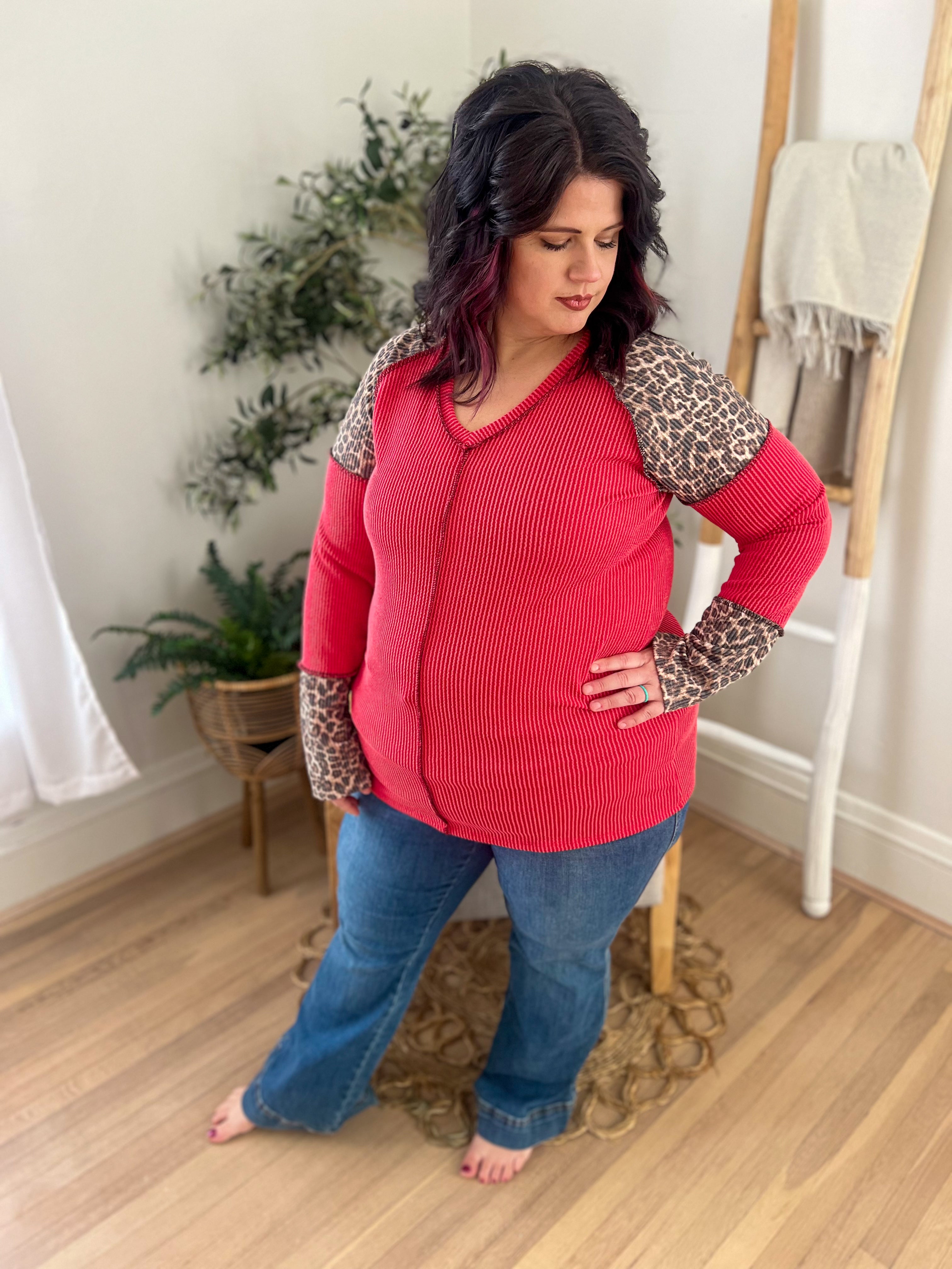 Red with Leopard Accents Long Sleeve Top