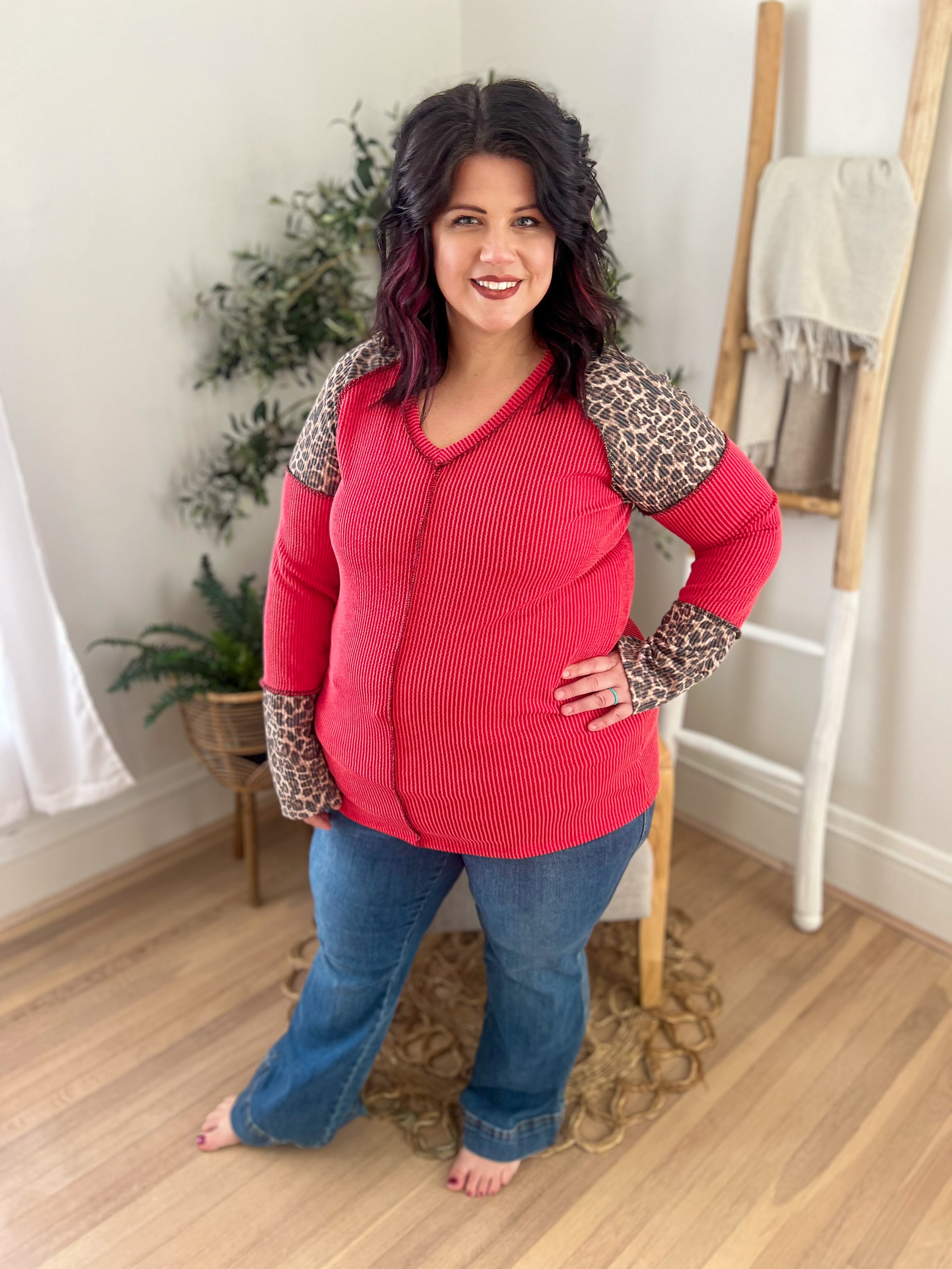 Red with Leopard Accents Long Sleeve Top
