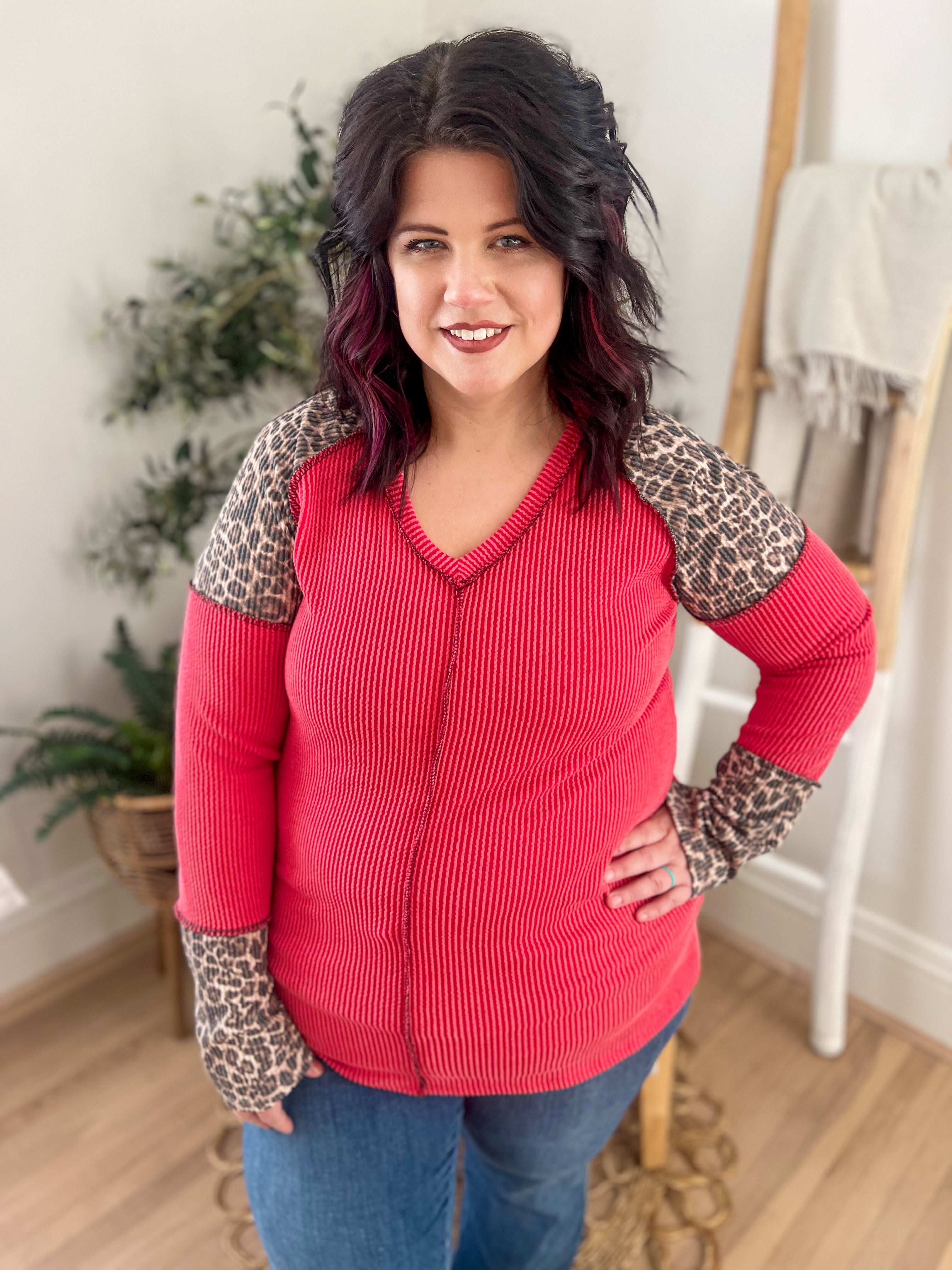 Red with Leopard Accents Long Sleeve Top