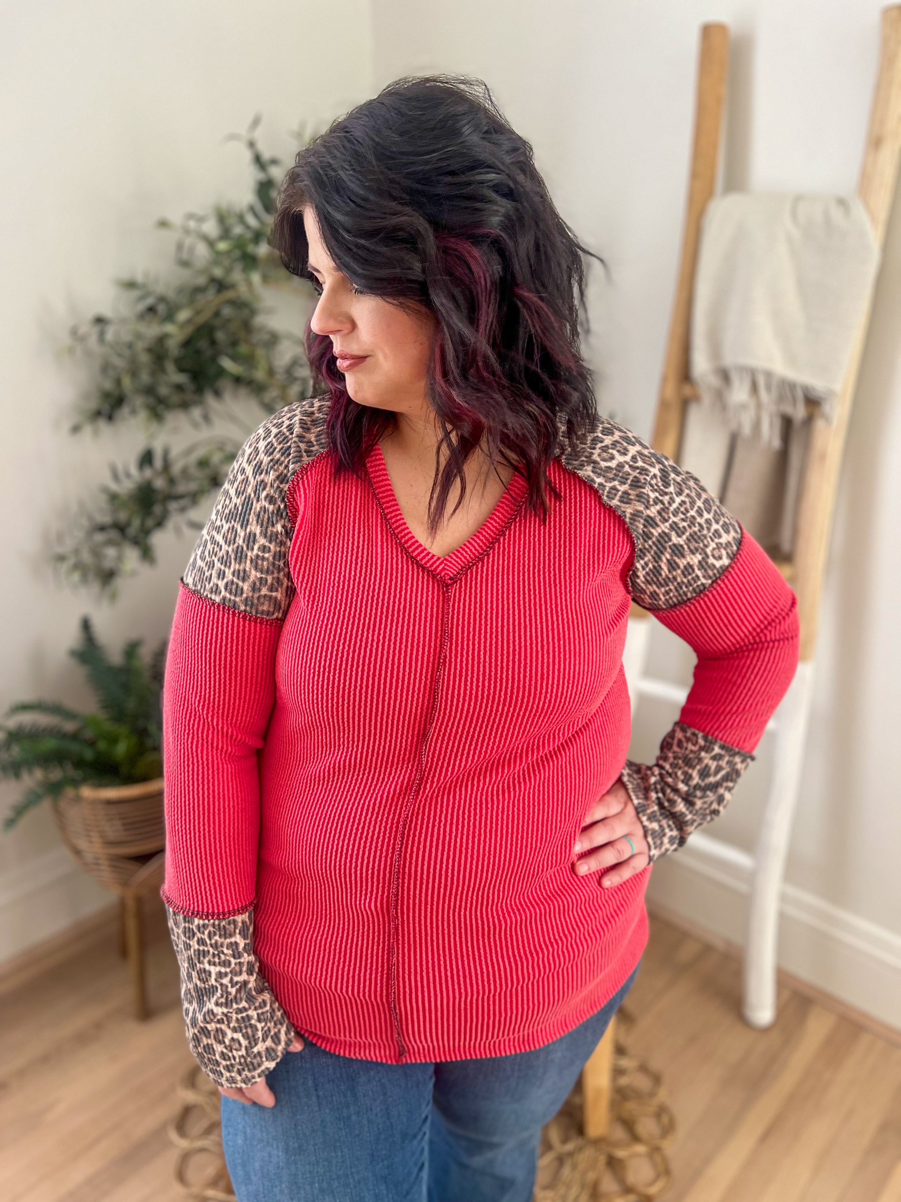Red with Leopard Accents Long Sleeve Top