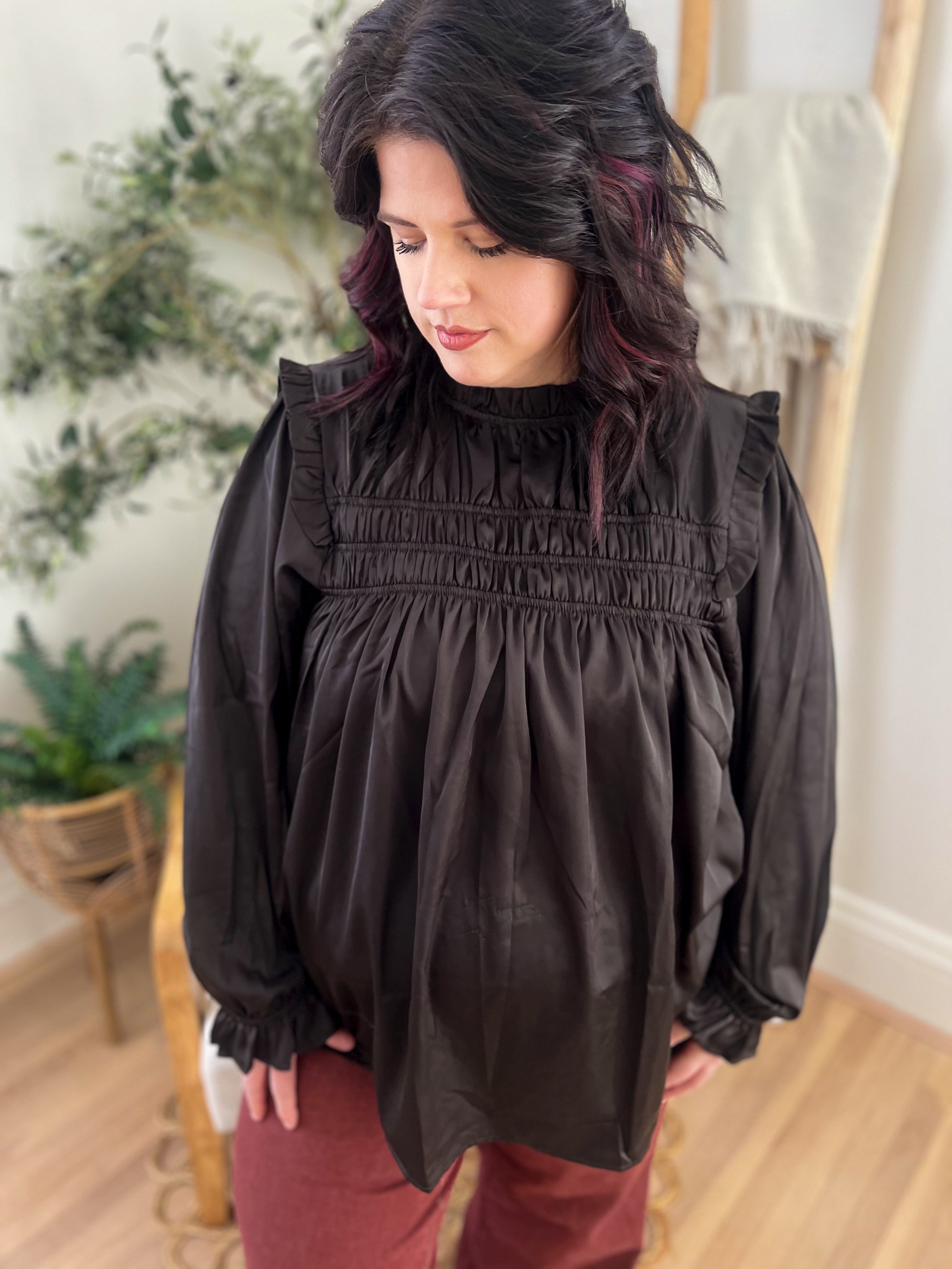 Black Mock Neck Satin Long Sleeve Blouse