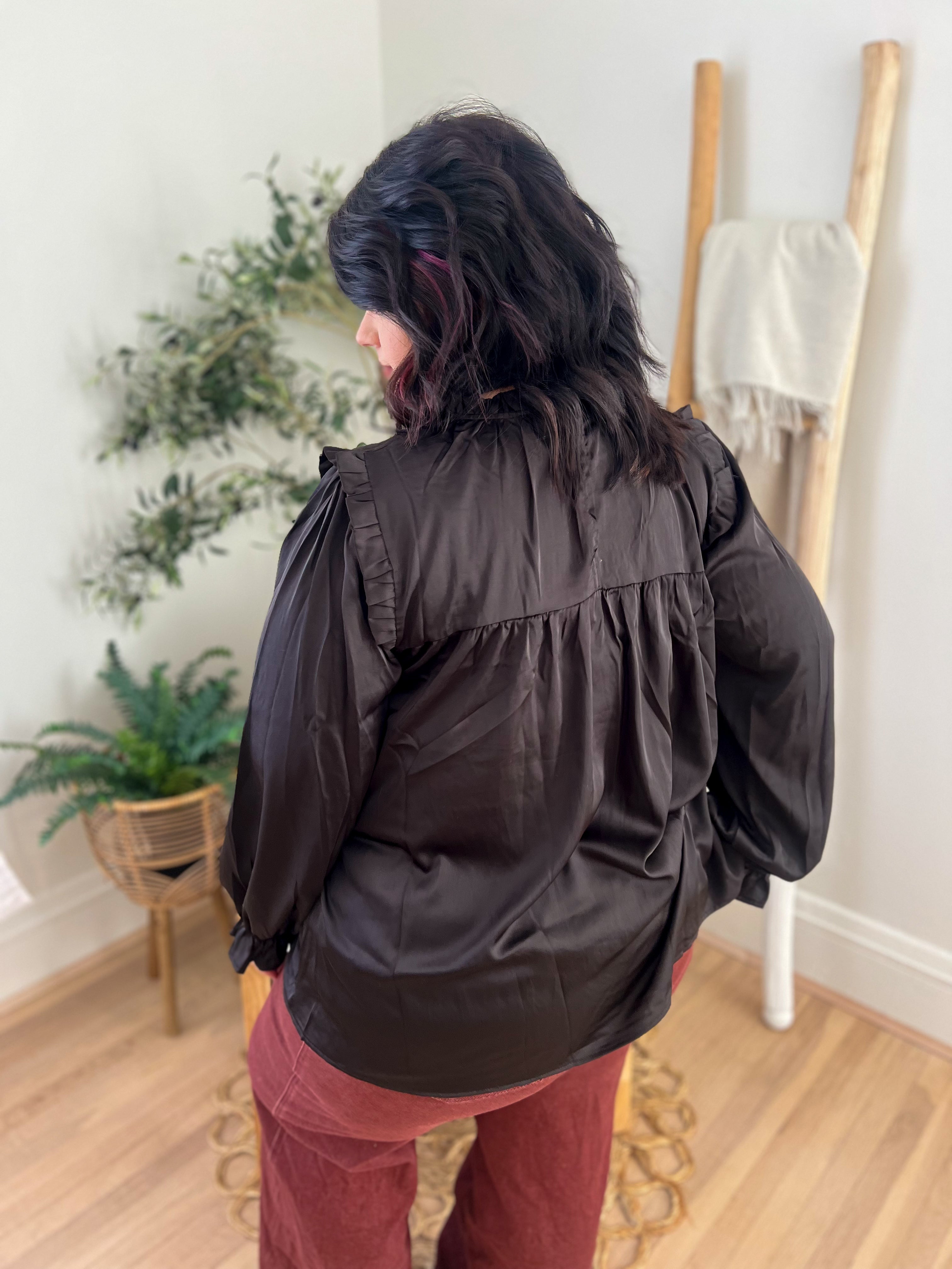 Black Mock Neck Satin Long Sleeve Blouse