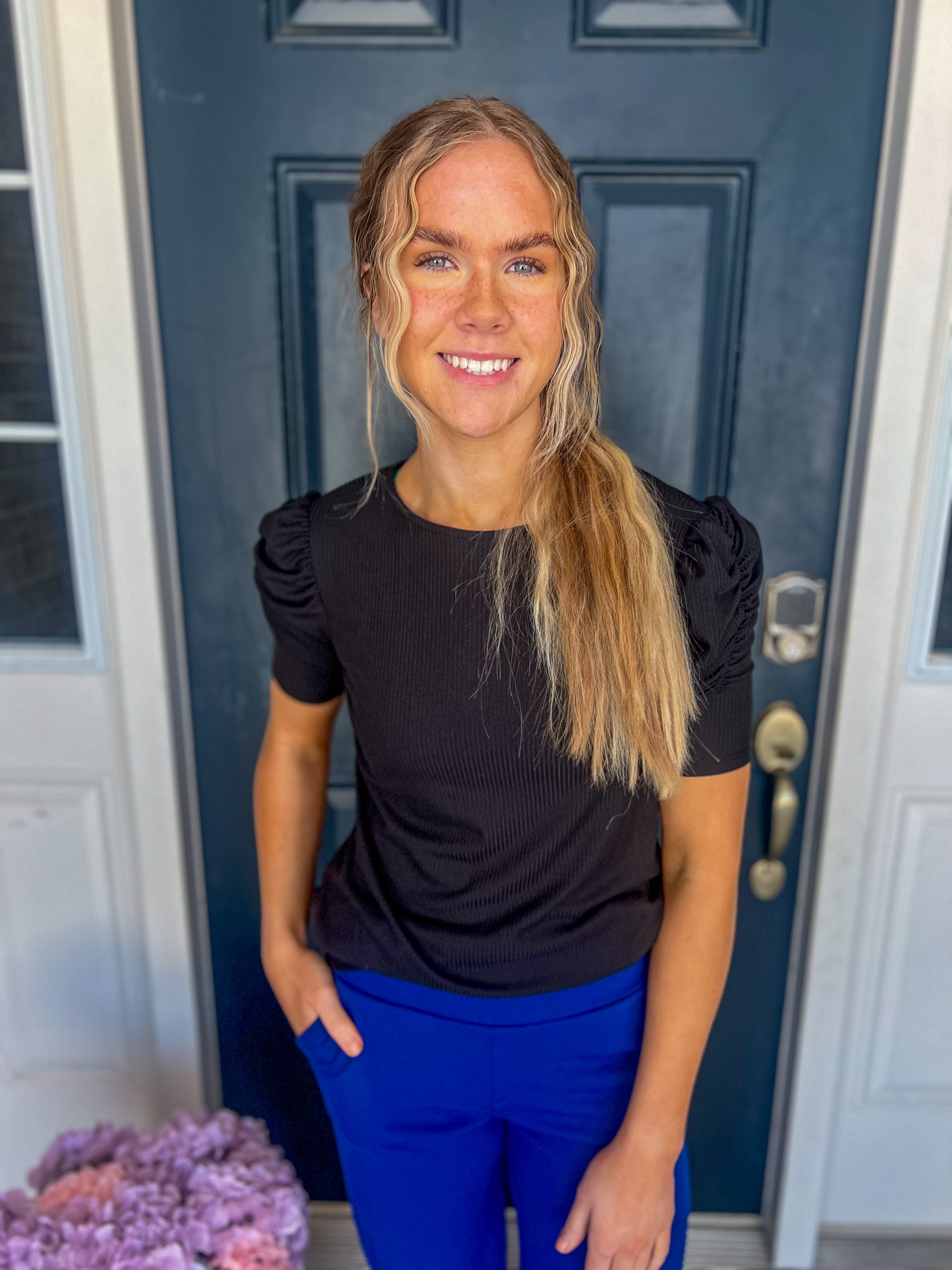 Avery Black Ruched Sleeves Top