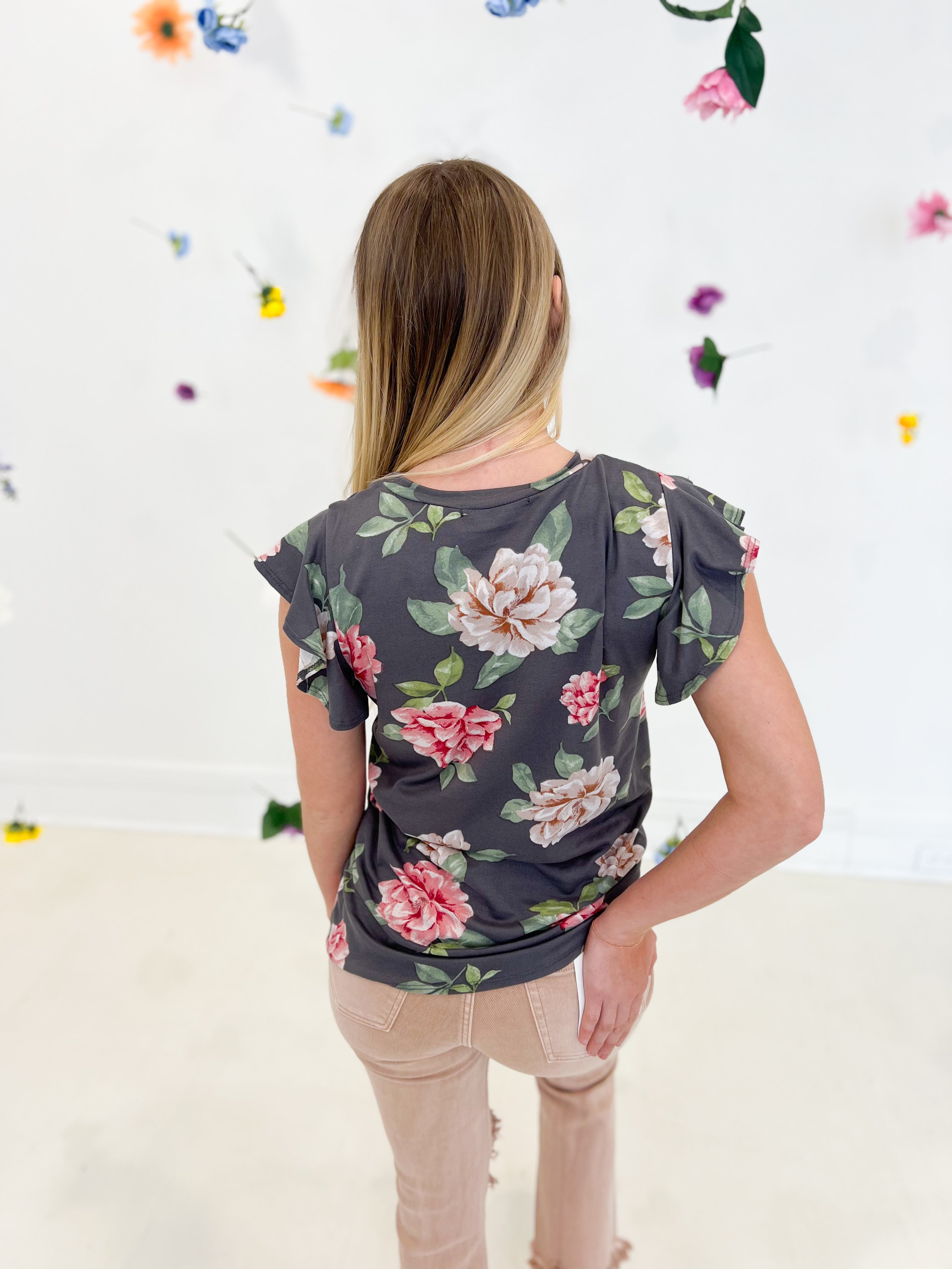 Charcoal Floral Short Sleeve Top