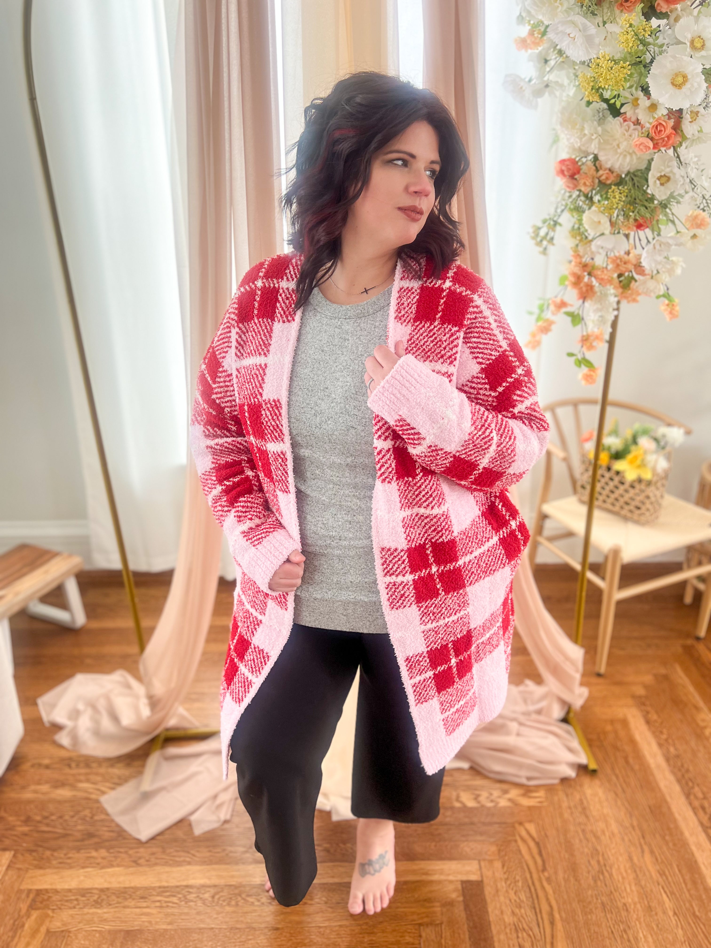 Pink and Red Plaid Cloud Cardigan