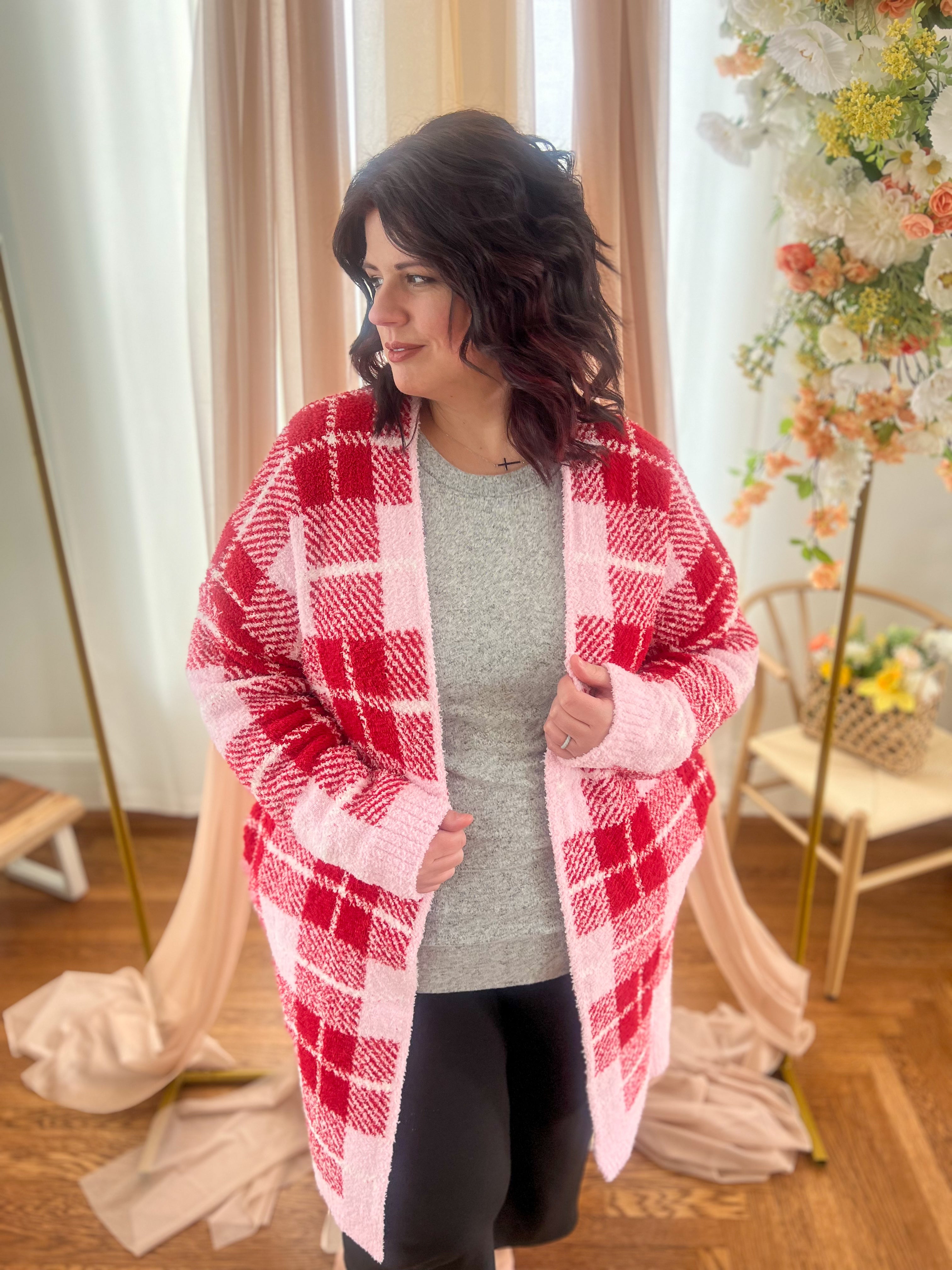 Pink and Red Plaid Cloud Cardigan